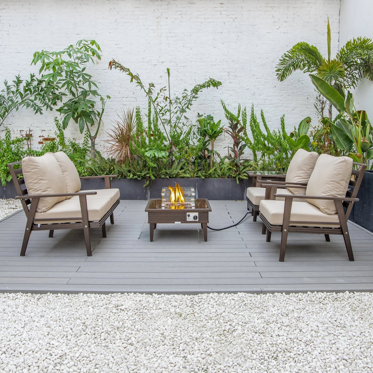 Walbrooke Aluminum Patio Conversation With Slats Design Fire Pit Table & Tank Holder - Elax Furniture