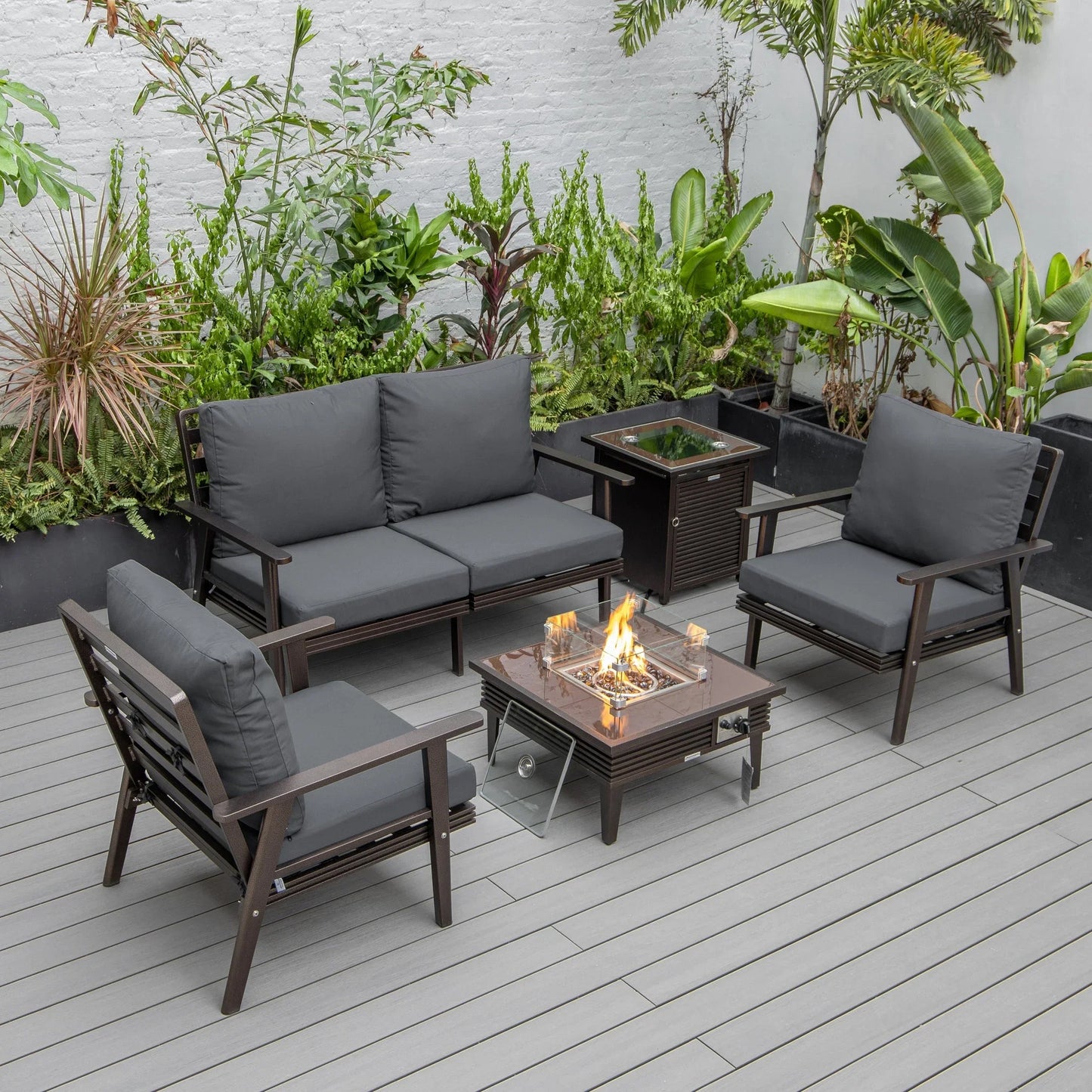 Walbrooke Aluminum Patio Conversation With Slats Design Fire Pit Table & Tank Holder - Elax Furniture
