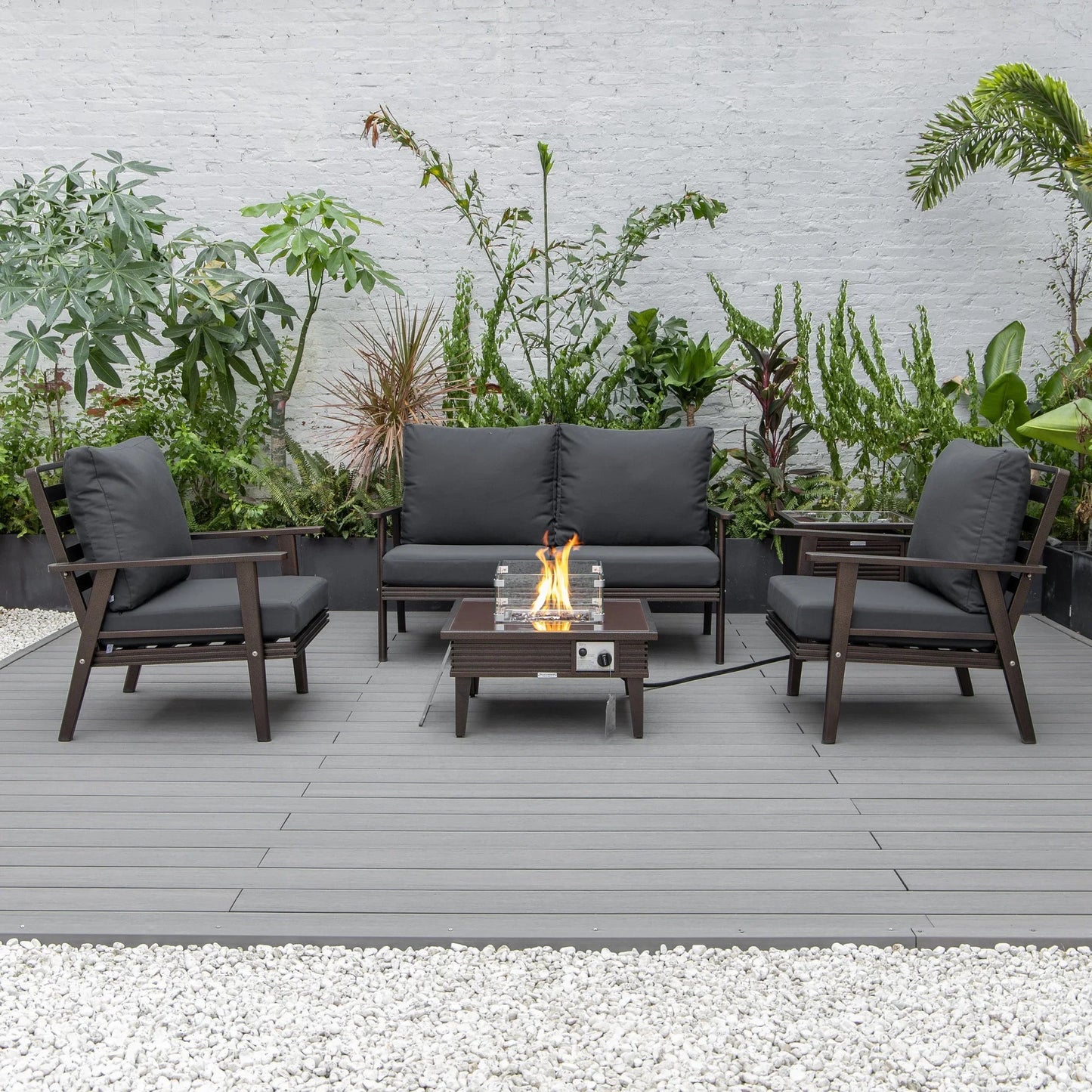 Walbrooke Aluminum Patio Conversation With Slats Design Fire Pit Table & Tank Holder - Elax Furniture