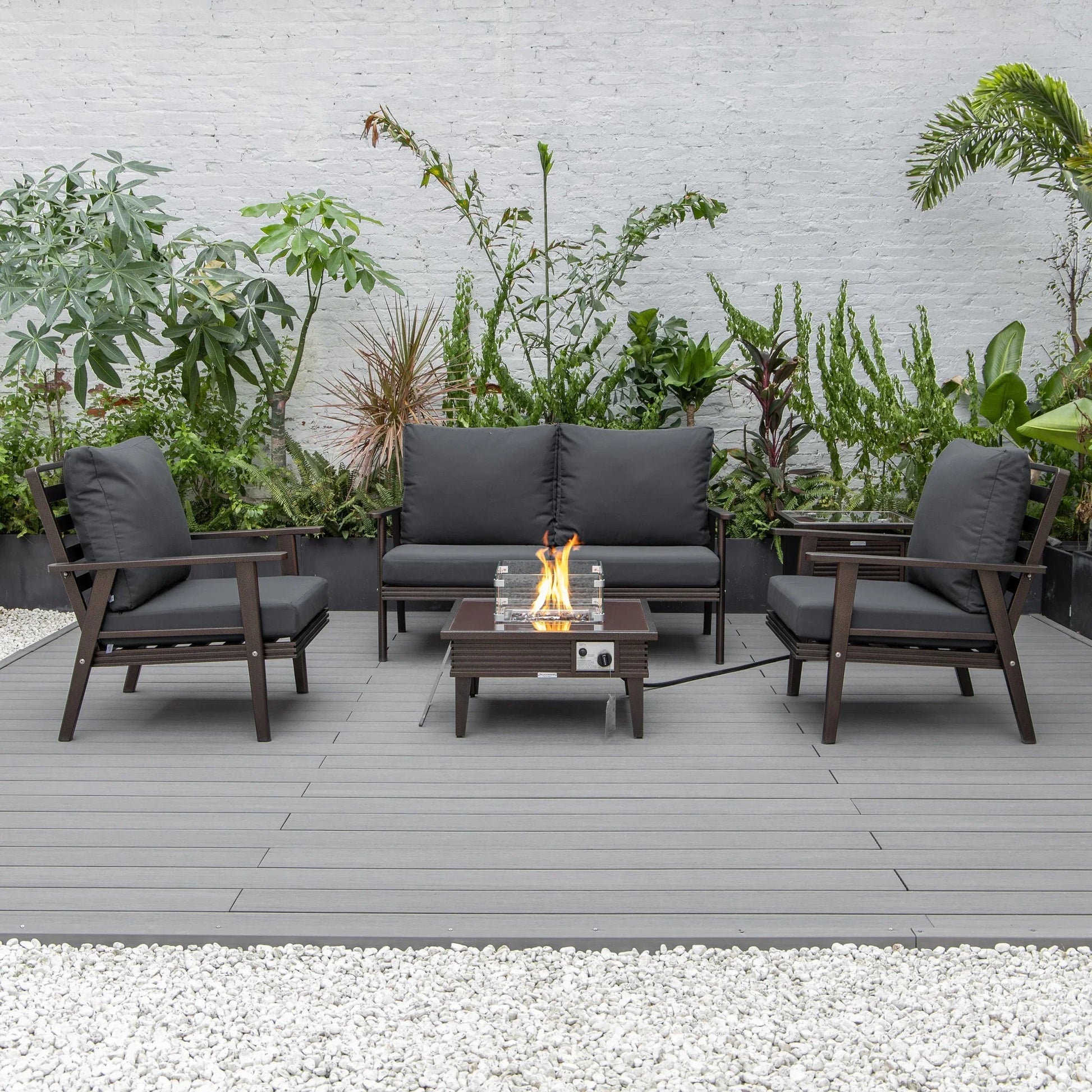 Walbrooke Aluminum Patio Conversation With Slats Design Fire Pit Table & Tank Holder - Elax Furniture