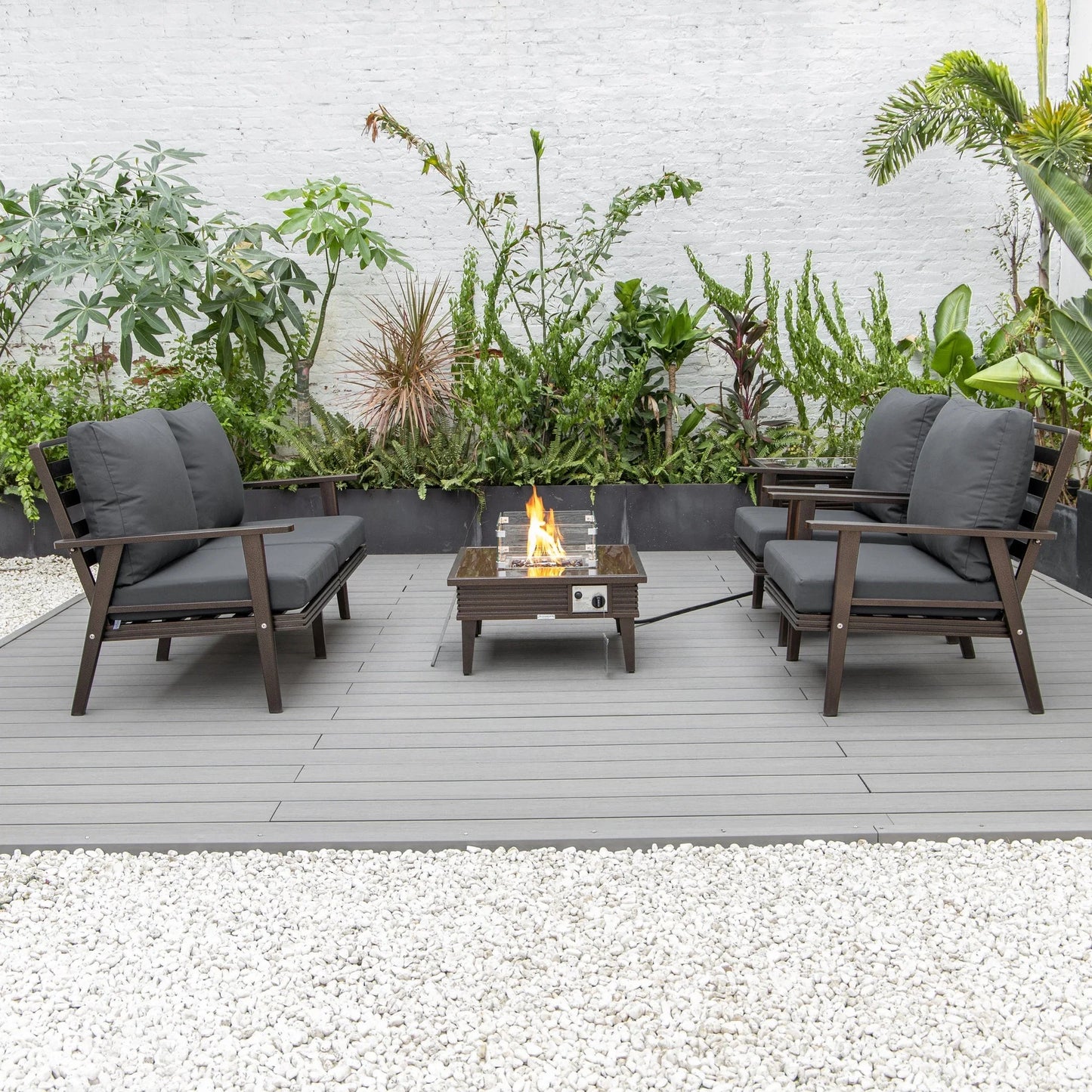 Walbrooke Aluminum Patio Conversation With Slats Design Fire Pit Table & Tank Holder - Elax Furniture