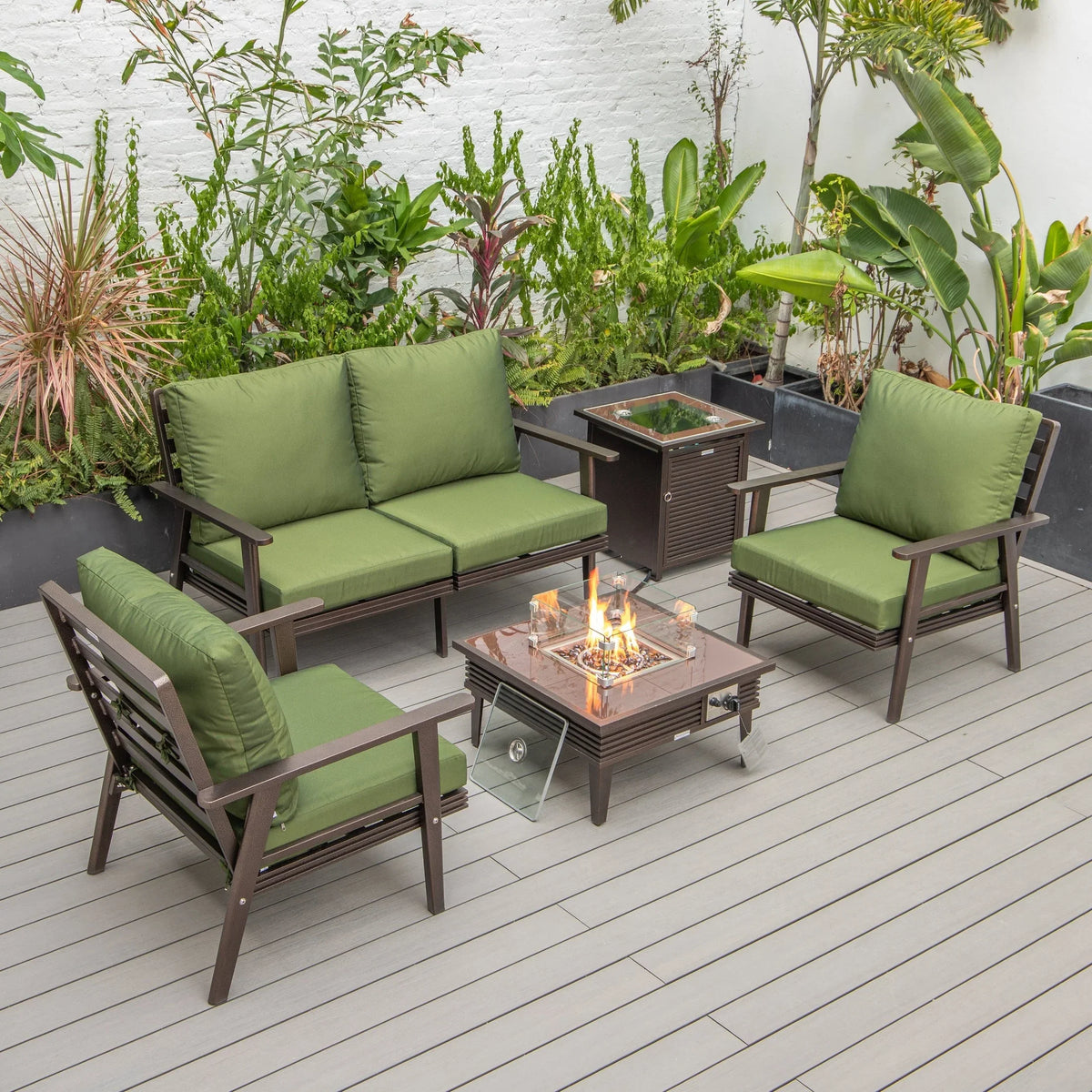Walbrooke Aluminum Patio Conversation With Slats Design Fire Pit Table & Tank Holder - Elax Furniture