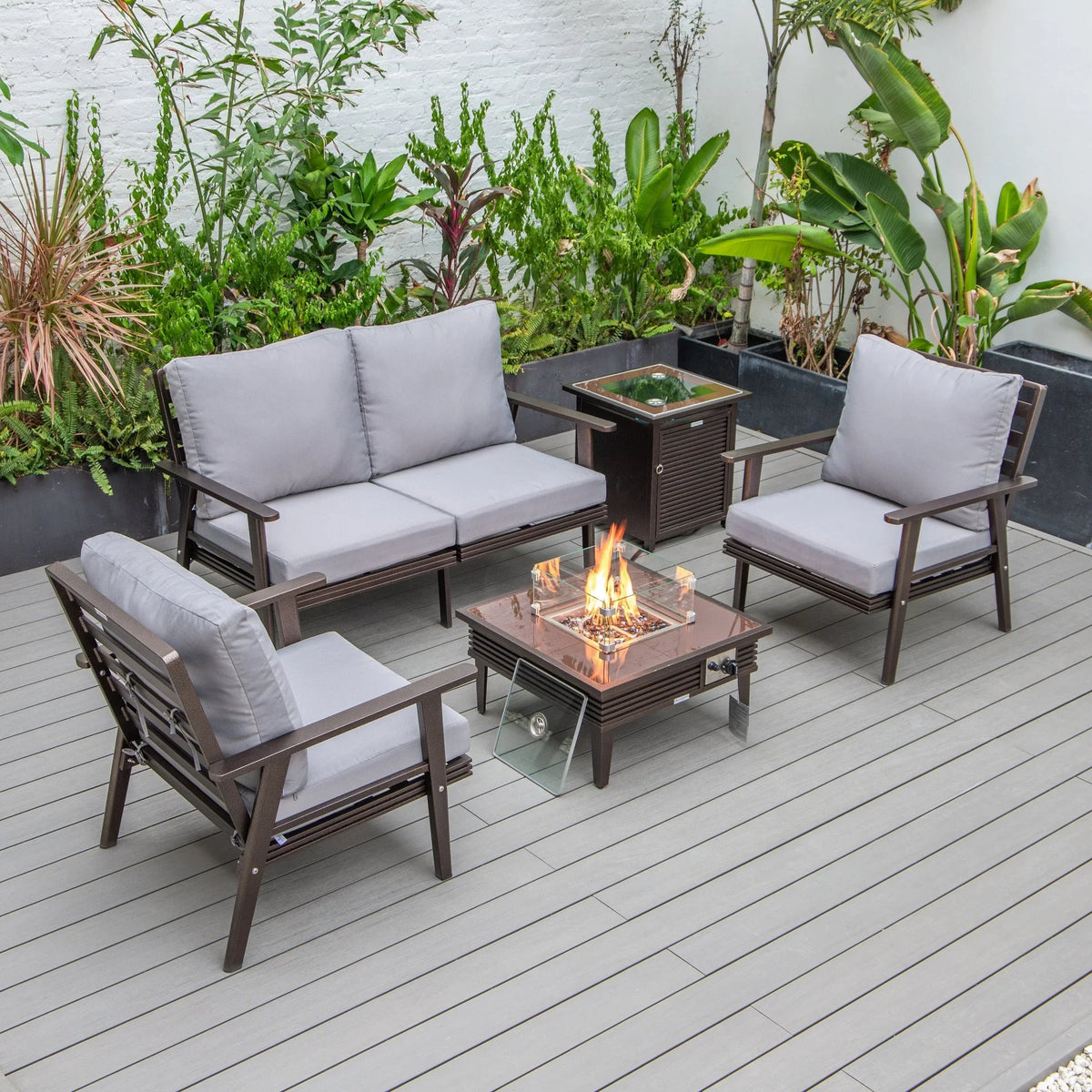 Walbrooke Aluminum Patio Conversation With Slats Design Fire Pit Table & Tank Holder - Elax Furniture