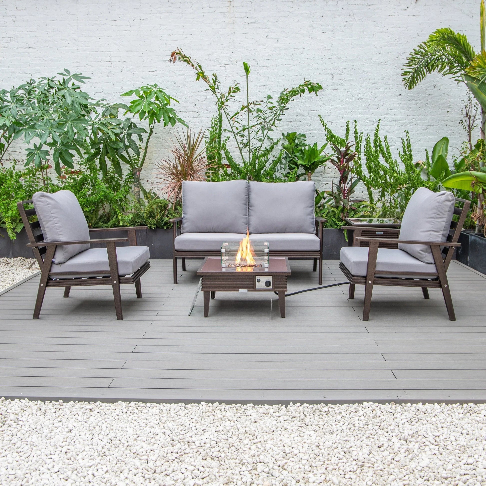 Walbrooke Aluminum Patio Conversation With Slats Design Fire Pit Table & Tank Holder - Elax Furniture