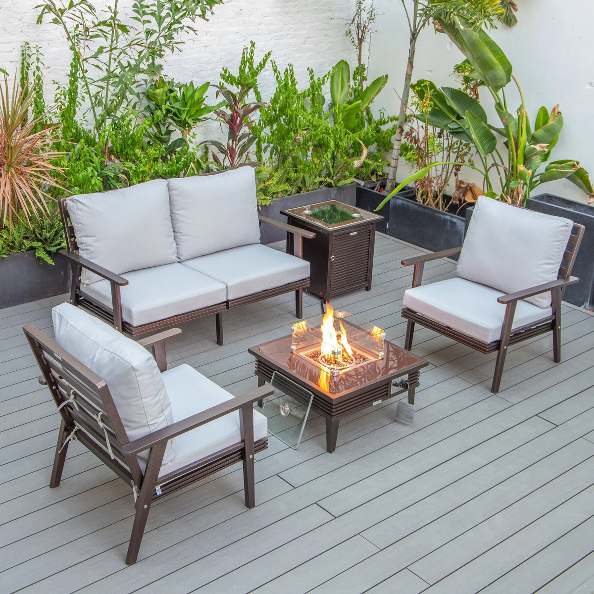 Walbrooke Aluminum Patio Conversation With Slats Design Fire Pit Table & Tank Holder - Elax Furniture