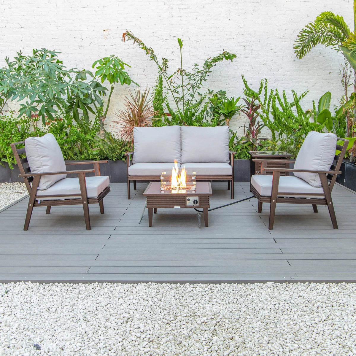 Walbrooke Aluminum Patio Conversation With Slats Design Fire Pit Table & Tank Holder - Elax Furniture