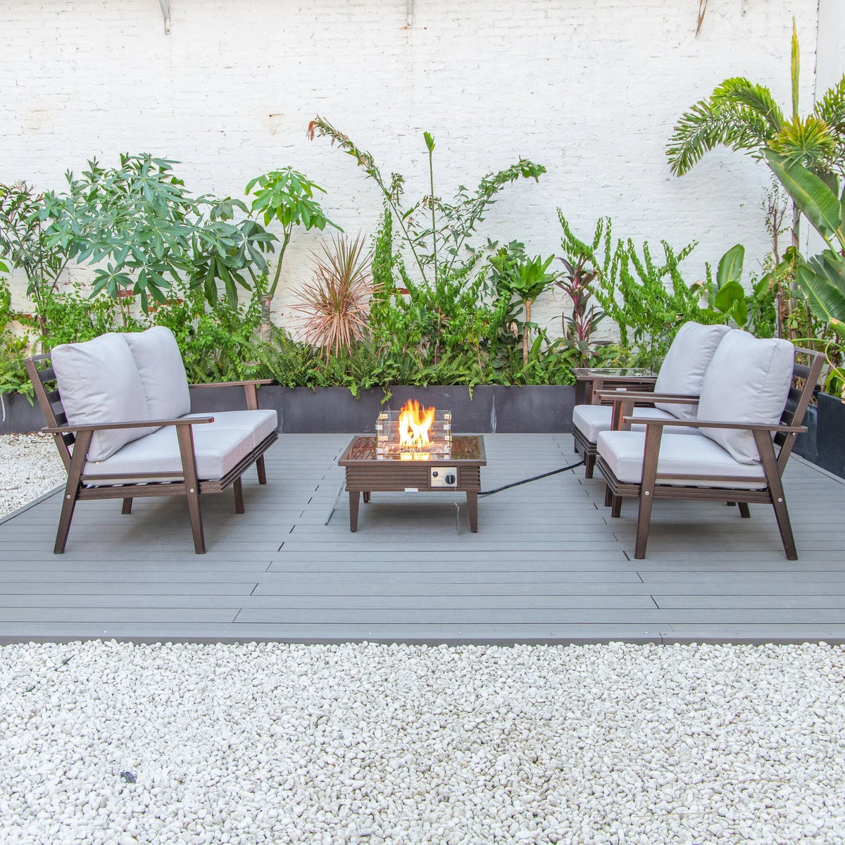 Walbrooke Aluminum Patio Conversation With Slats Design Fire Pit Table & Tank Holder - Elax Furniture