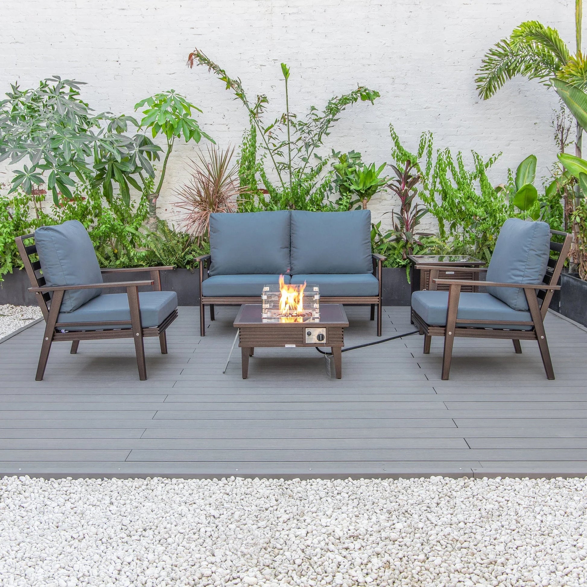 Walbrooke Aluminum Patio Conversation With Slats Design Fire Pit Table & Tank Holder - Elax Furniture
