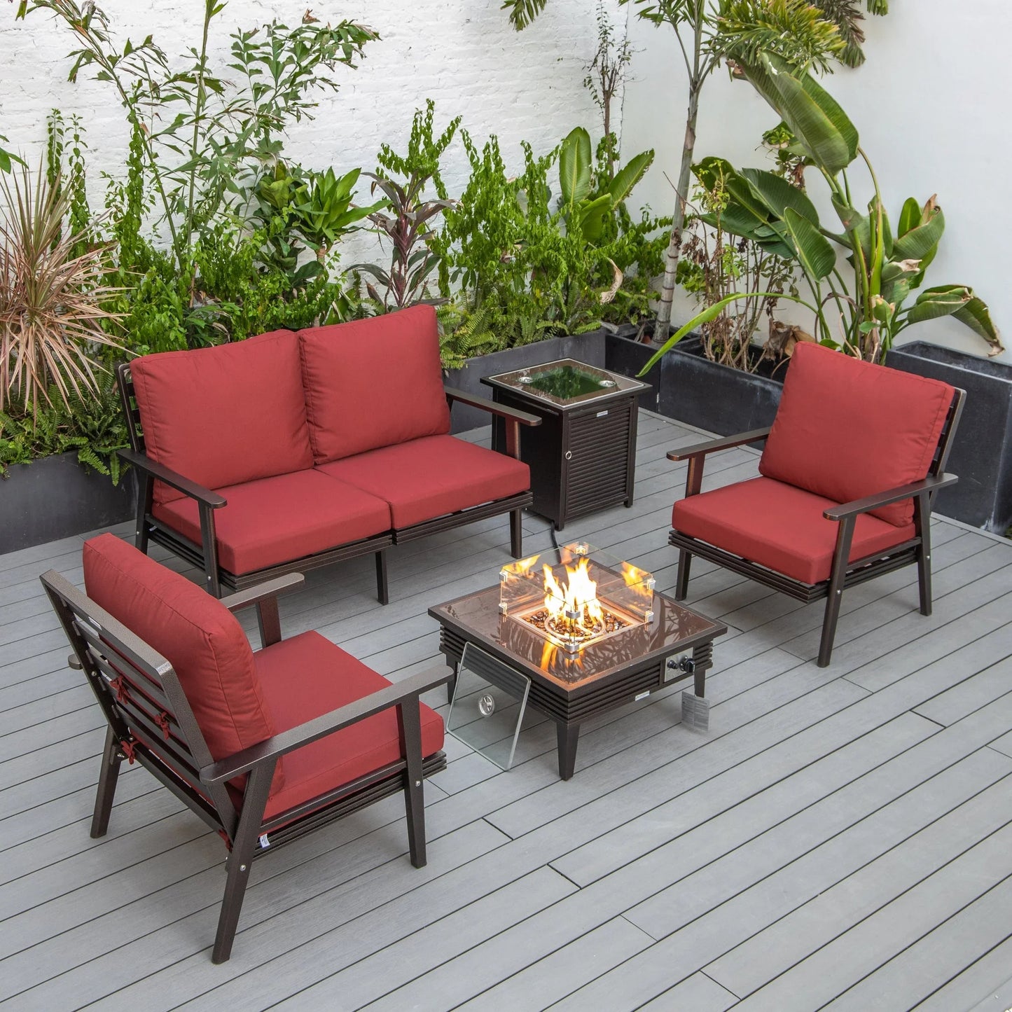 Walbrooke Aluminum Patio Conversation With Slats Design Fire Pit Table & Tank Holder - Elax Furniture