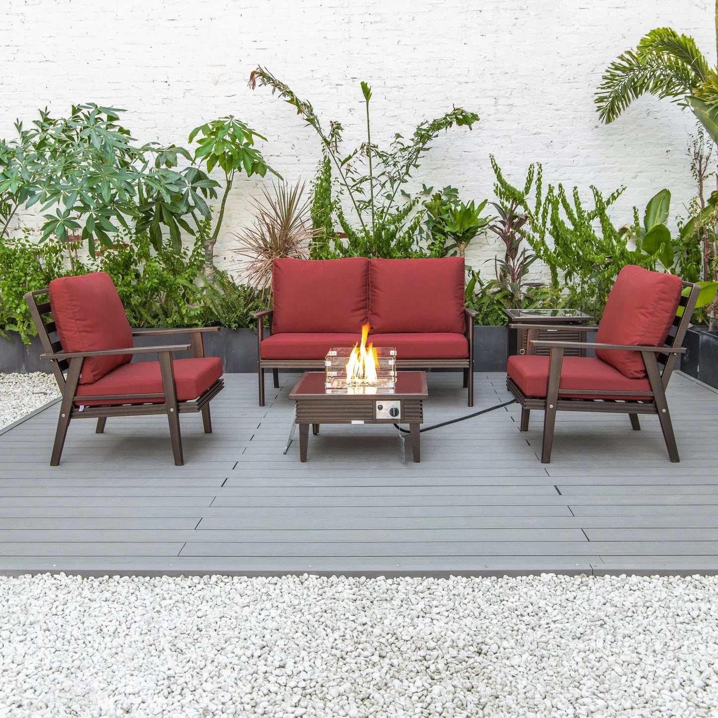 Walbrooke Aluminum Patio Conversation With Slats Design Fire Pit Table & Tank Holder - Elax Furniture