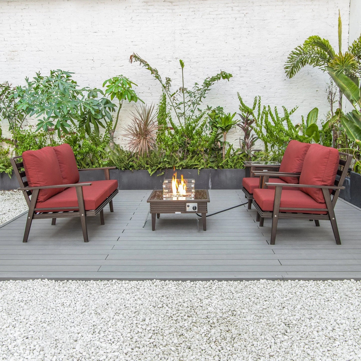 Walbrooke Aluminum Patio Conversation With Slats Design Fire Pit Table & Tank Holder - Elax Furniture