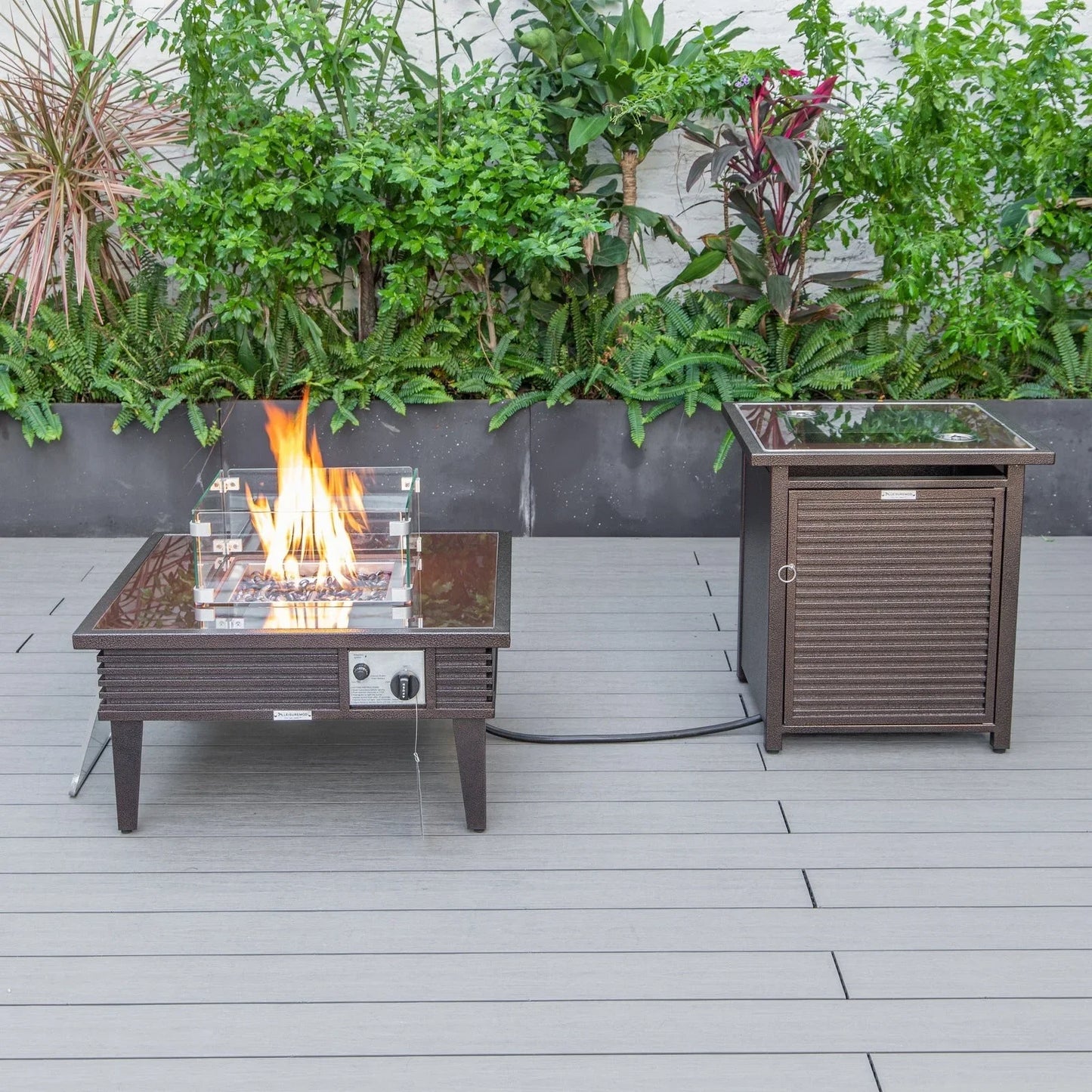 Walbrooke Outdoor Patio Square Fire Pit and Tank Holder with Slats Design - Elax Furniture