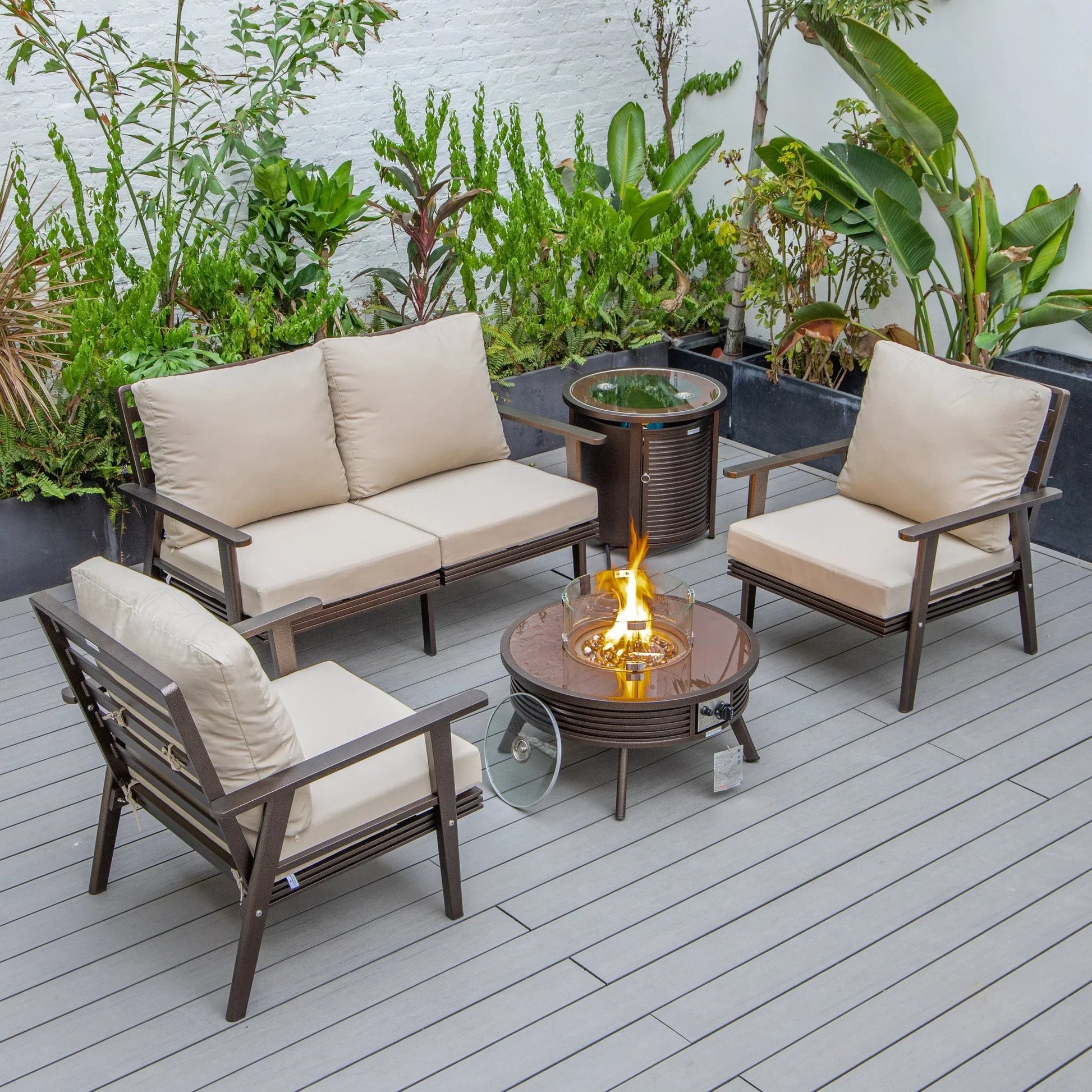 Walbrooke Aluminum Patio Conversation With Slats Design Fire Pit Table & Tank Holder - Elax Furniture