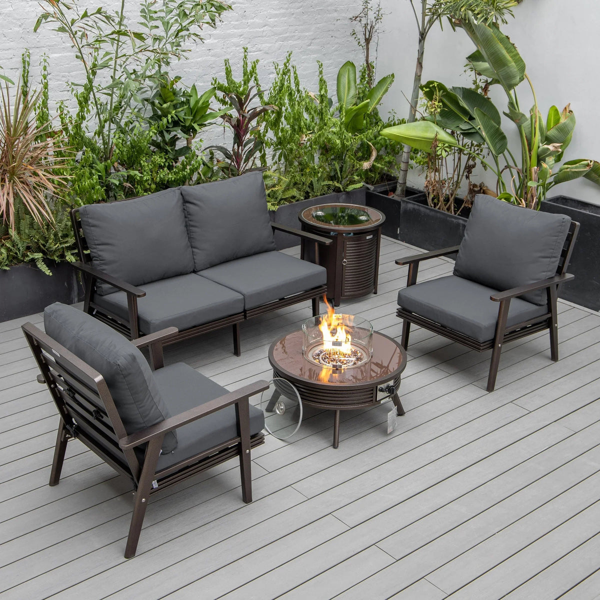 Walbrooke Aluminum Patio Conversation With Slats Design Fire Pit Table & Tank Holder - Elax Furniture
