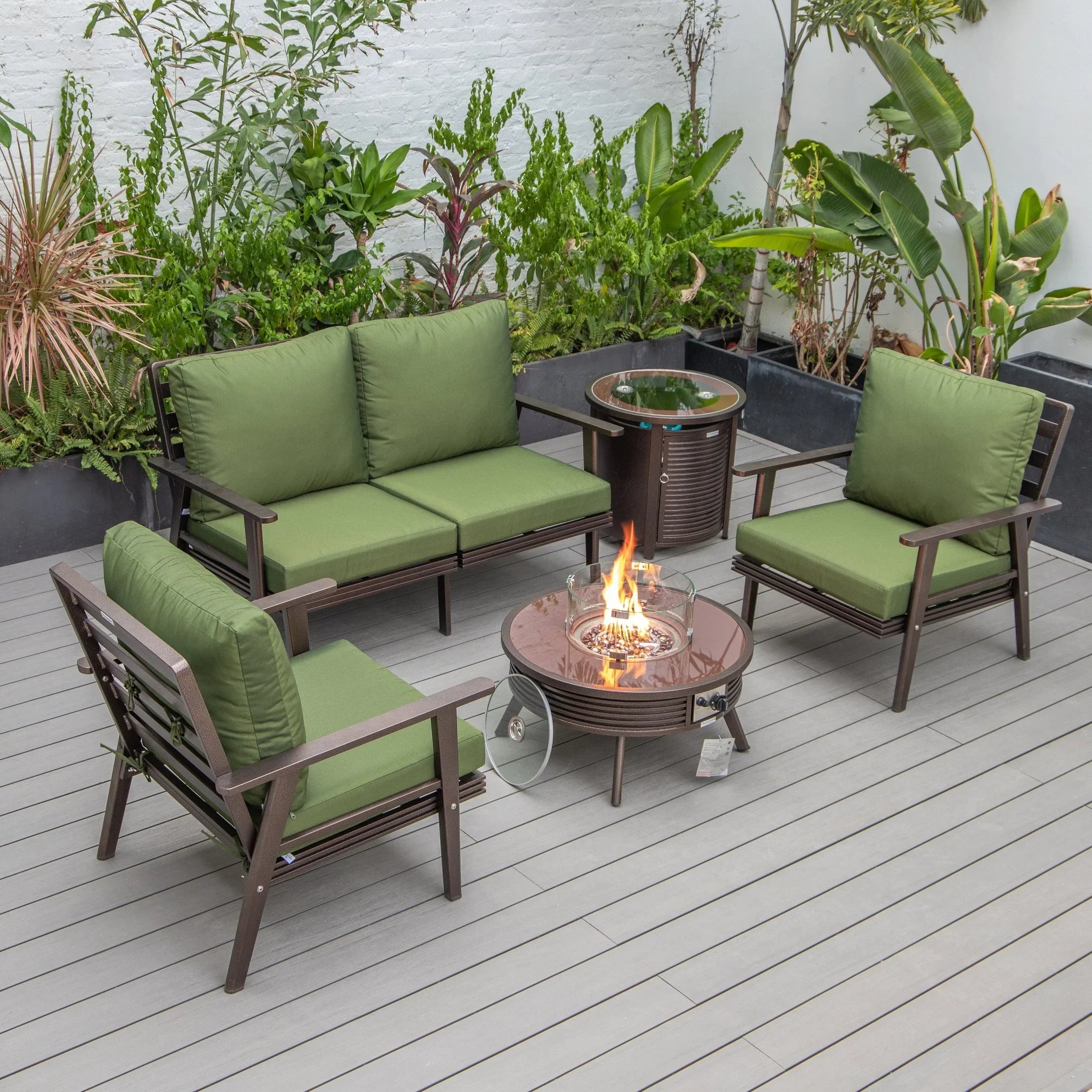 Walbrooke Aluminum Patio Conversation With Slats Design Fire Pit Table & Tank Holder - Elax Furniture