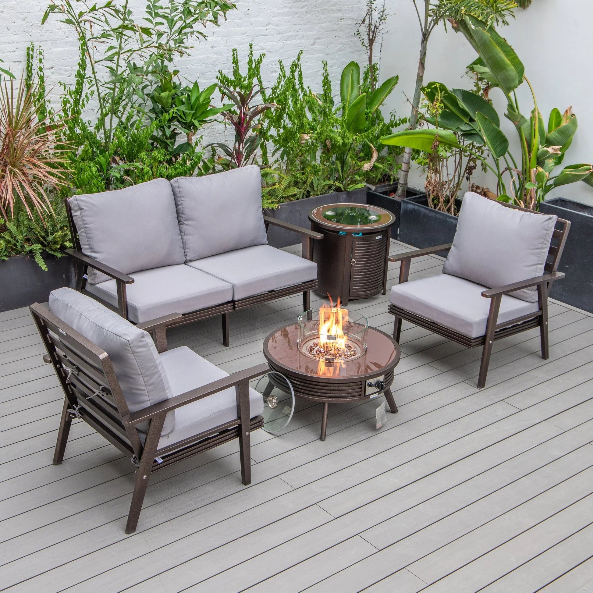 Walbrooke Aluminum Patio Conversation With Slats Design Fire Pit Table & Tank Holder - Elax Furniture