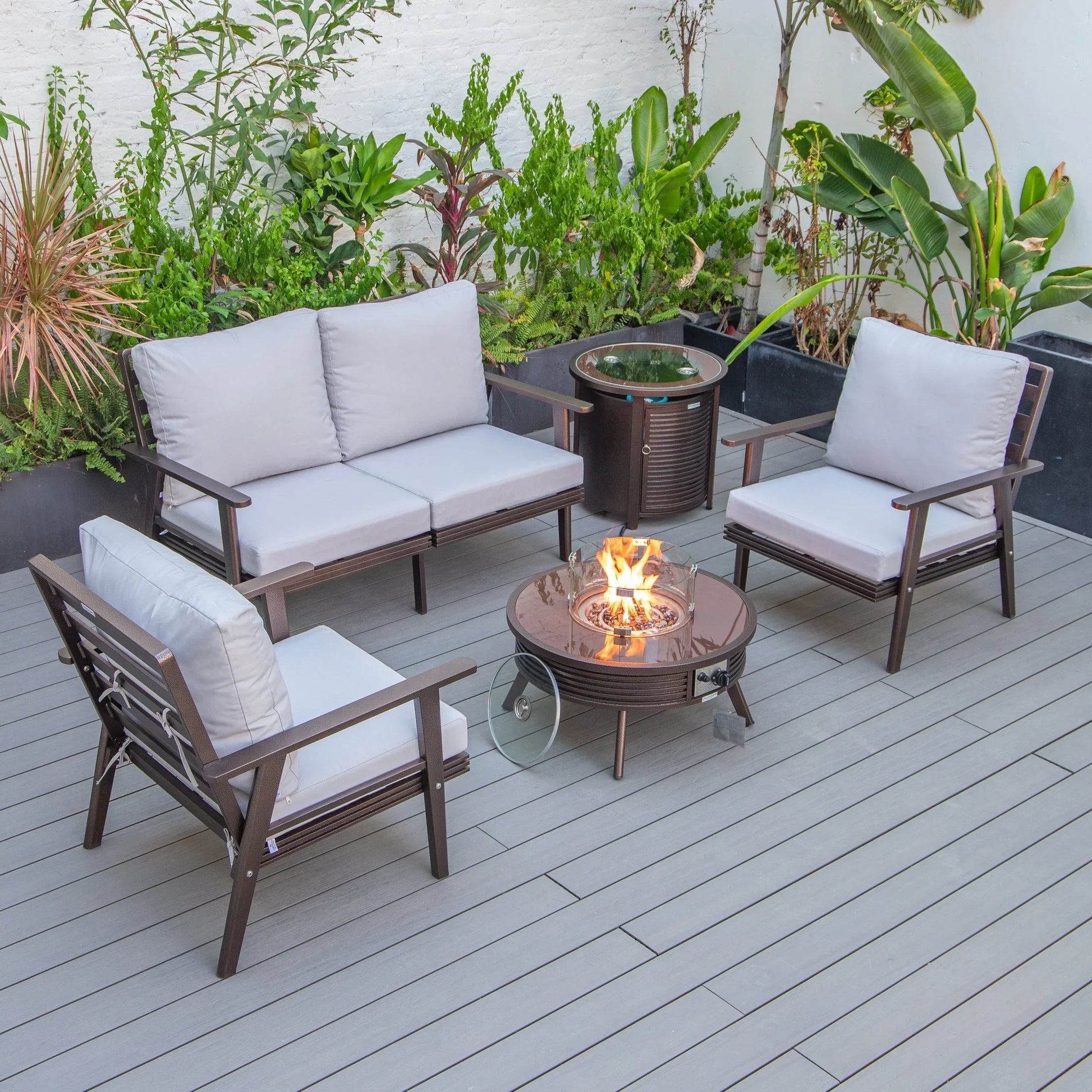 Walbrooke Aluminum Patio Conversation With Slats Design Fire Pit Table & Tank Holder - Elax Furniture