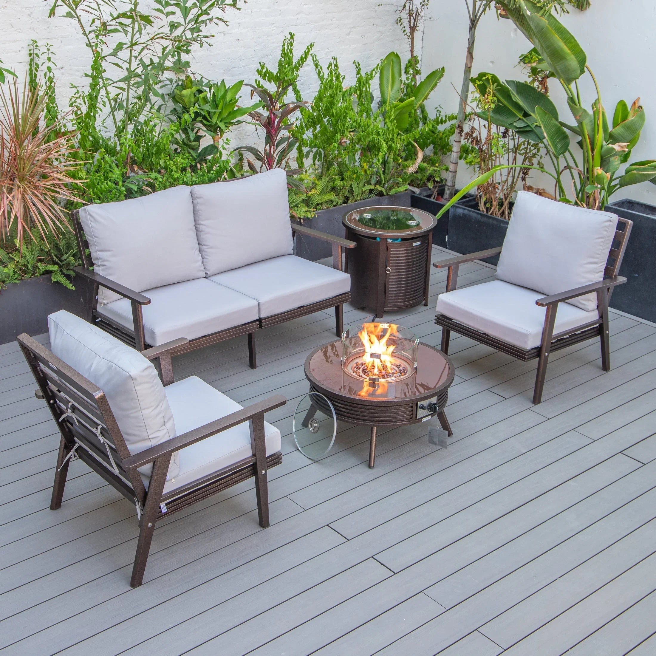 Walbrooke Aluminum Patio Conversation With Slats Design Fire Pit Table & Tank Holder - Elax Furniture