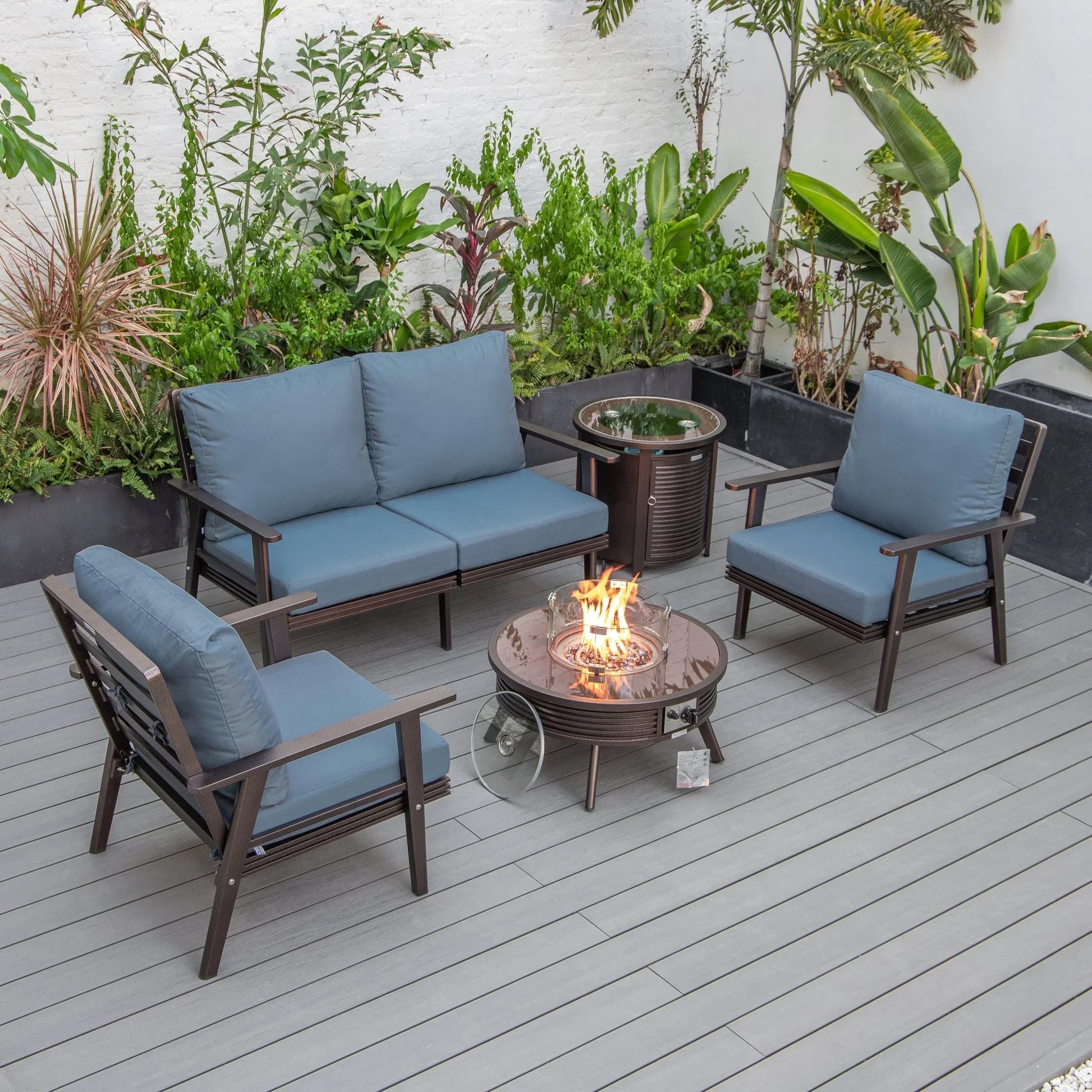 Walbrooke Aluminum Patio Conversation With Slats Design Fire Pit Table & Tank Holder - Elax Furniture