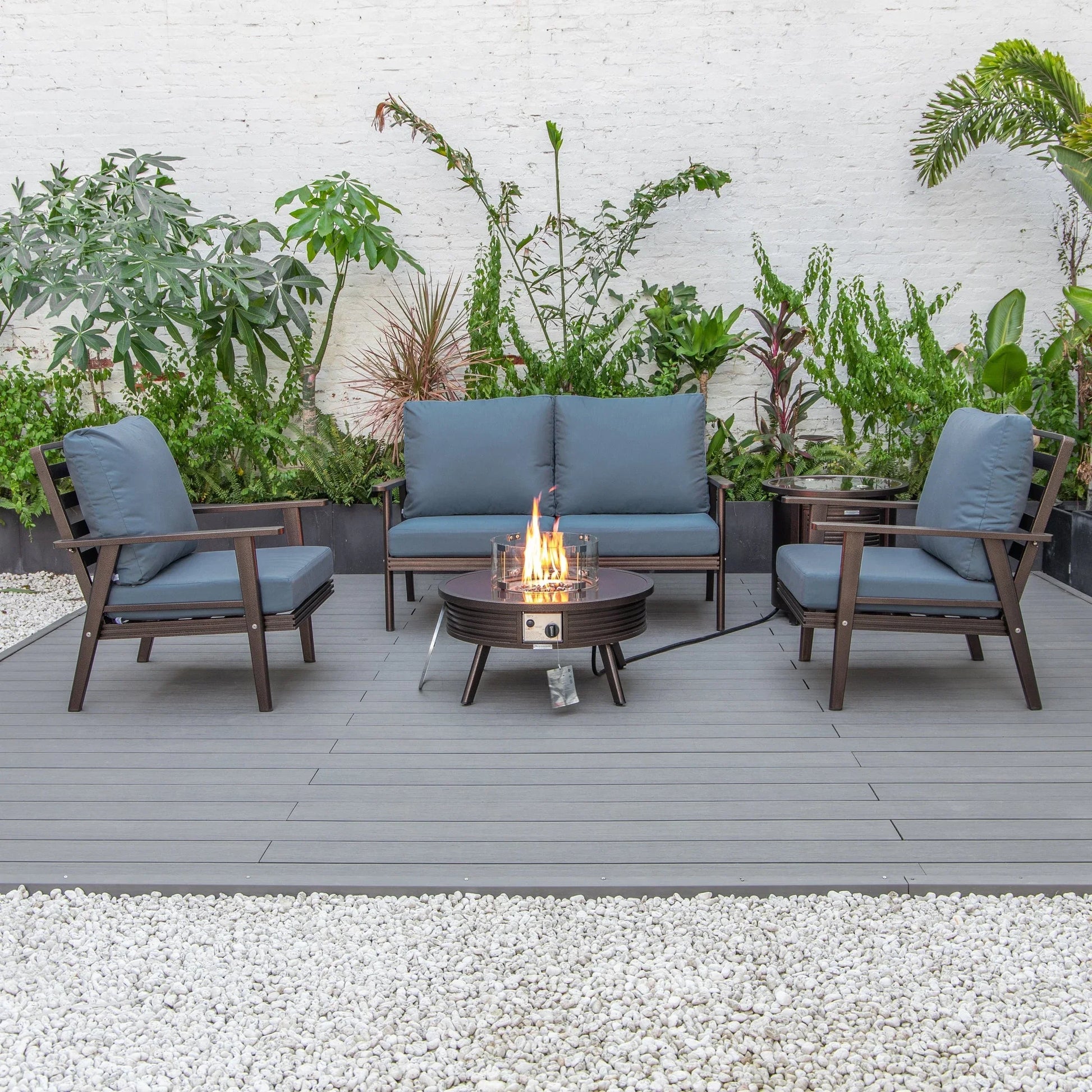 Walbrooke Aluminum Patio Conversation With Slats Design Fire Pit Table & Tank Holder - Elax Furniture