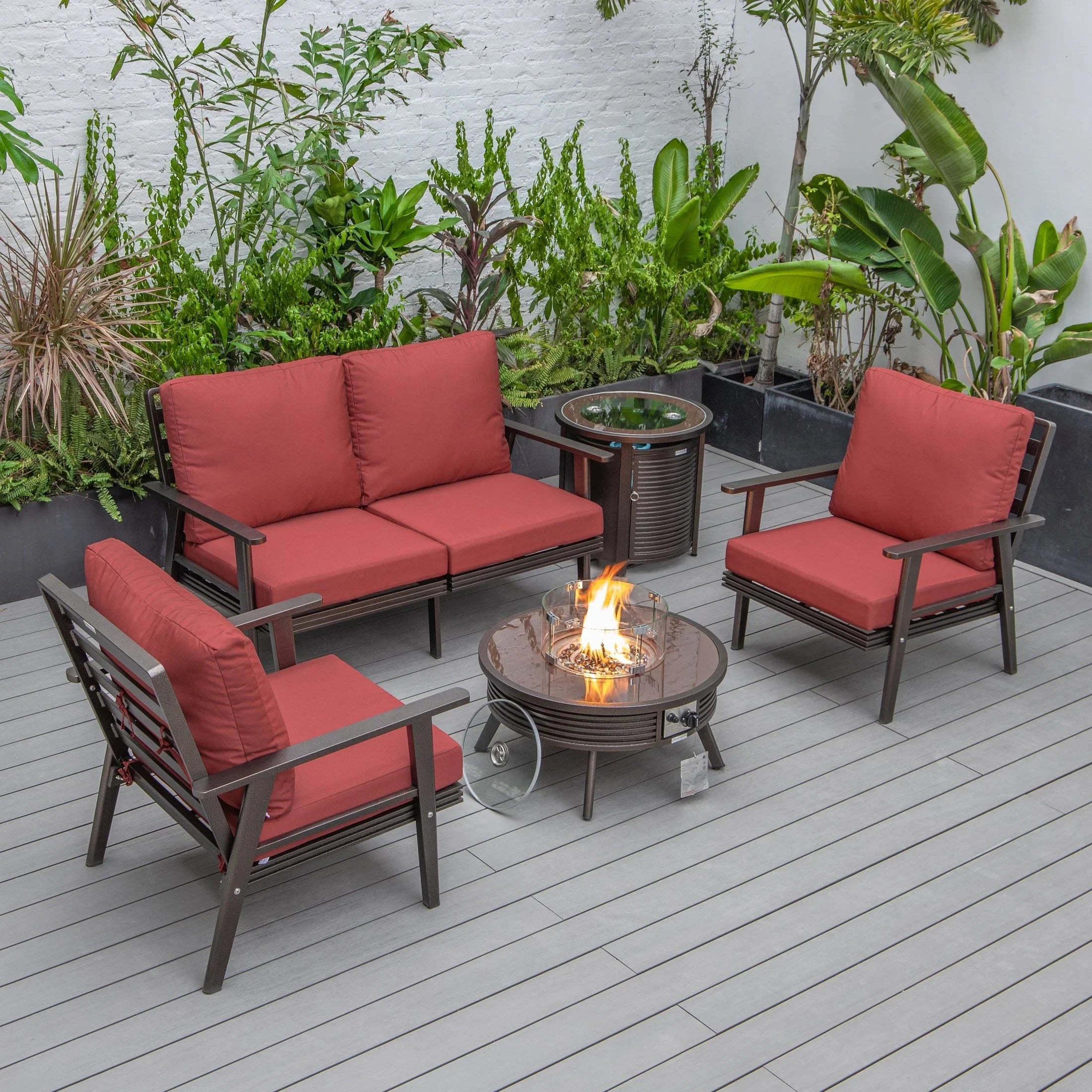 Walbrooke Aluminum Patio Conversation With Slats Design Fire Pit Table & Tank Holder - Elax Furniture