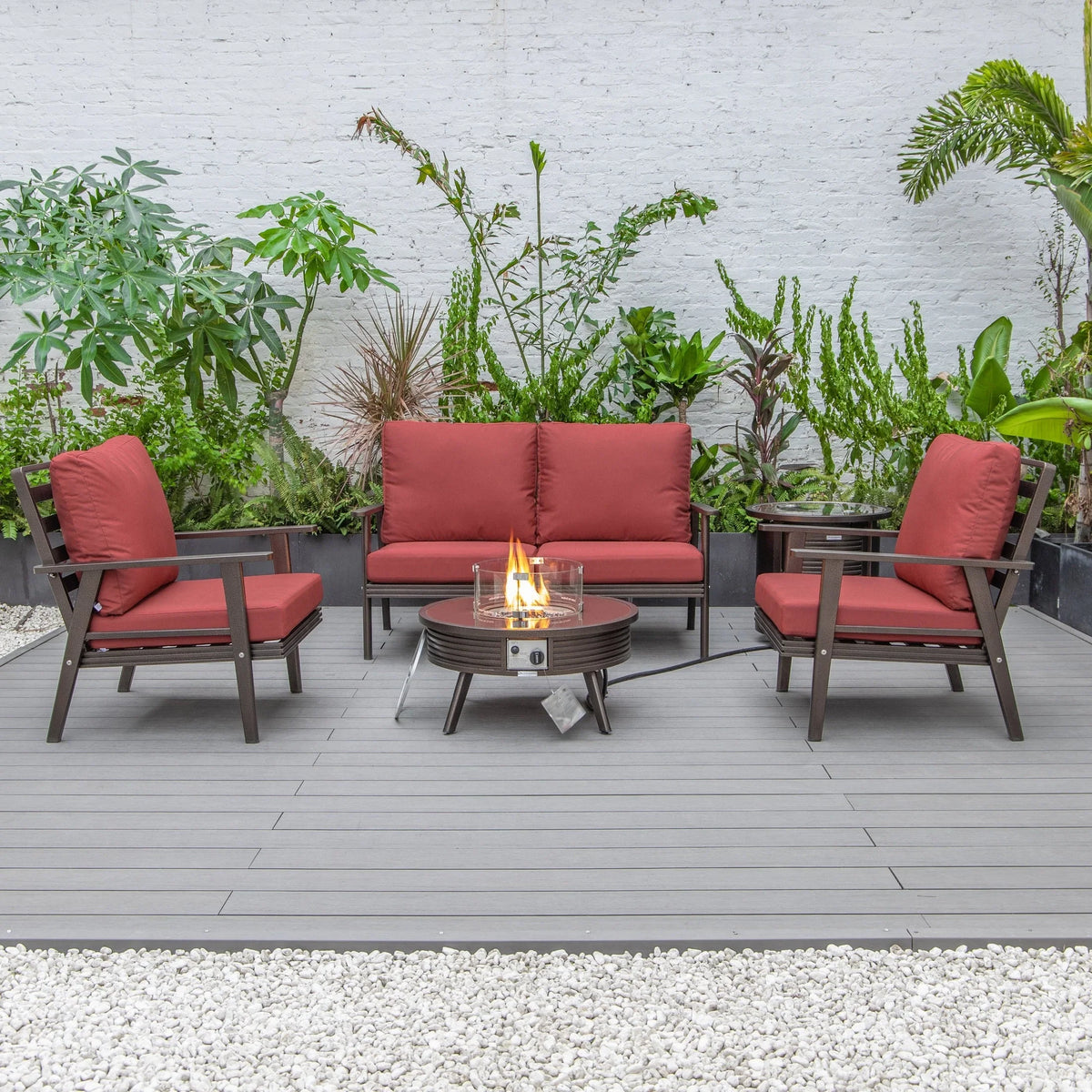 Walbrooke Aluminum Patio Conversation With Slats Design Fire Pit Table & Tank Holder - Elax Furniture