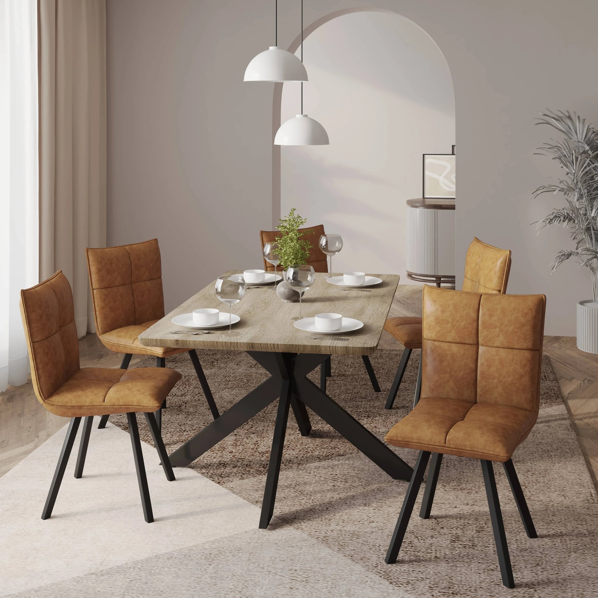 Ravenna 5-Piece Dining Set 63" Rectangular Dining Table with Natural Wood MDF Top and 4 Leather Side Chairs - Elax Furniture