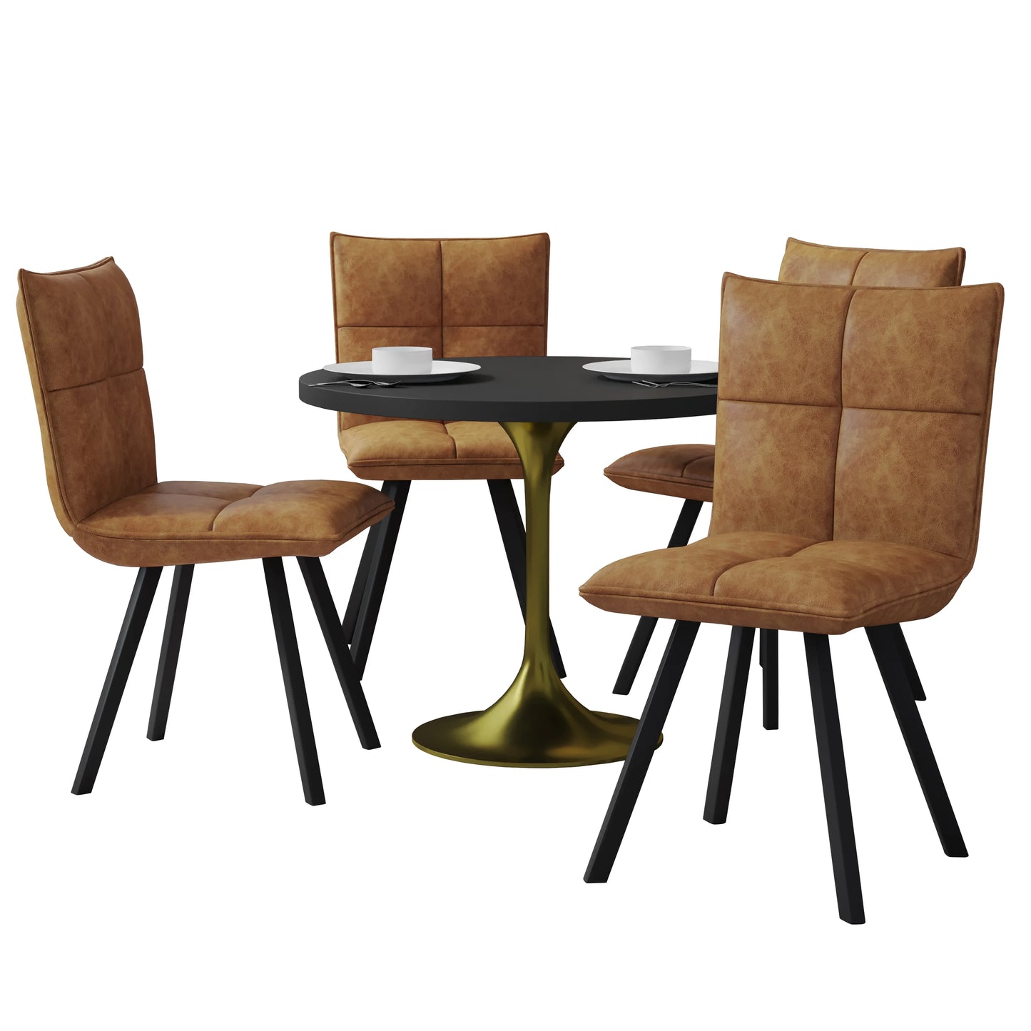 Verve 5-Piece Dining Set with 36" Round Dining Table in Black MDF Top and 4 Leather Dining Chairs - Elax Furniture