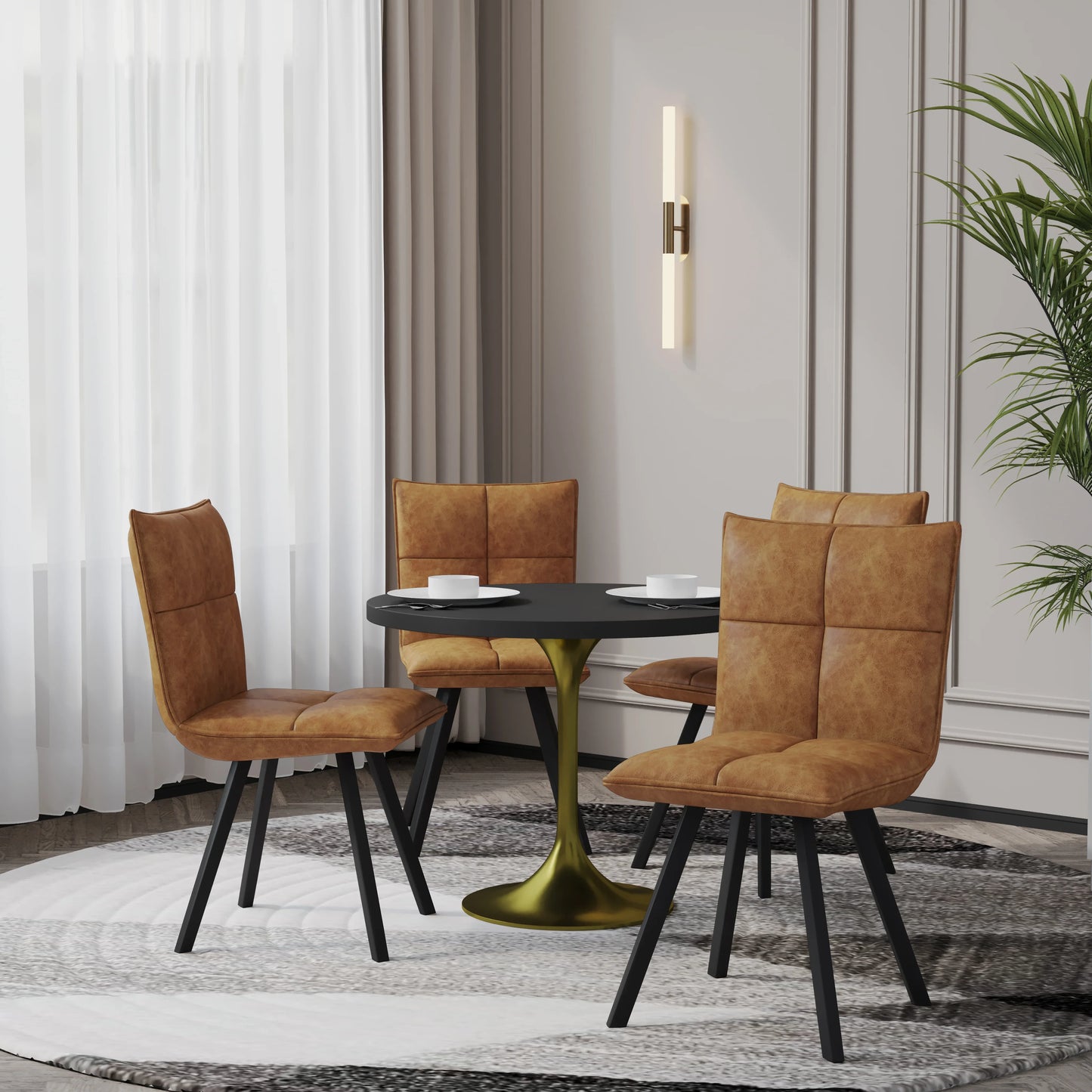 Verve 5-Piece Dining Set with 36" Round Dining Table in Black MDF Top and 4 Leather Dining Chairs - Elax Furniture