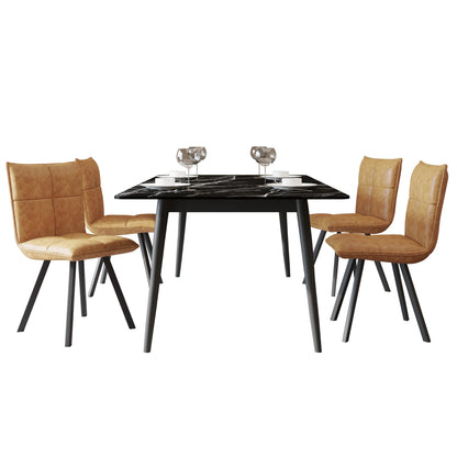 Zayle 5-Piece Dining Set with 55" Rectangular Dining Table in Black/Gold Sintered Stone Top and 4 Leather Dining Chairs - Elax Furniture