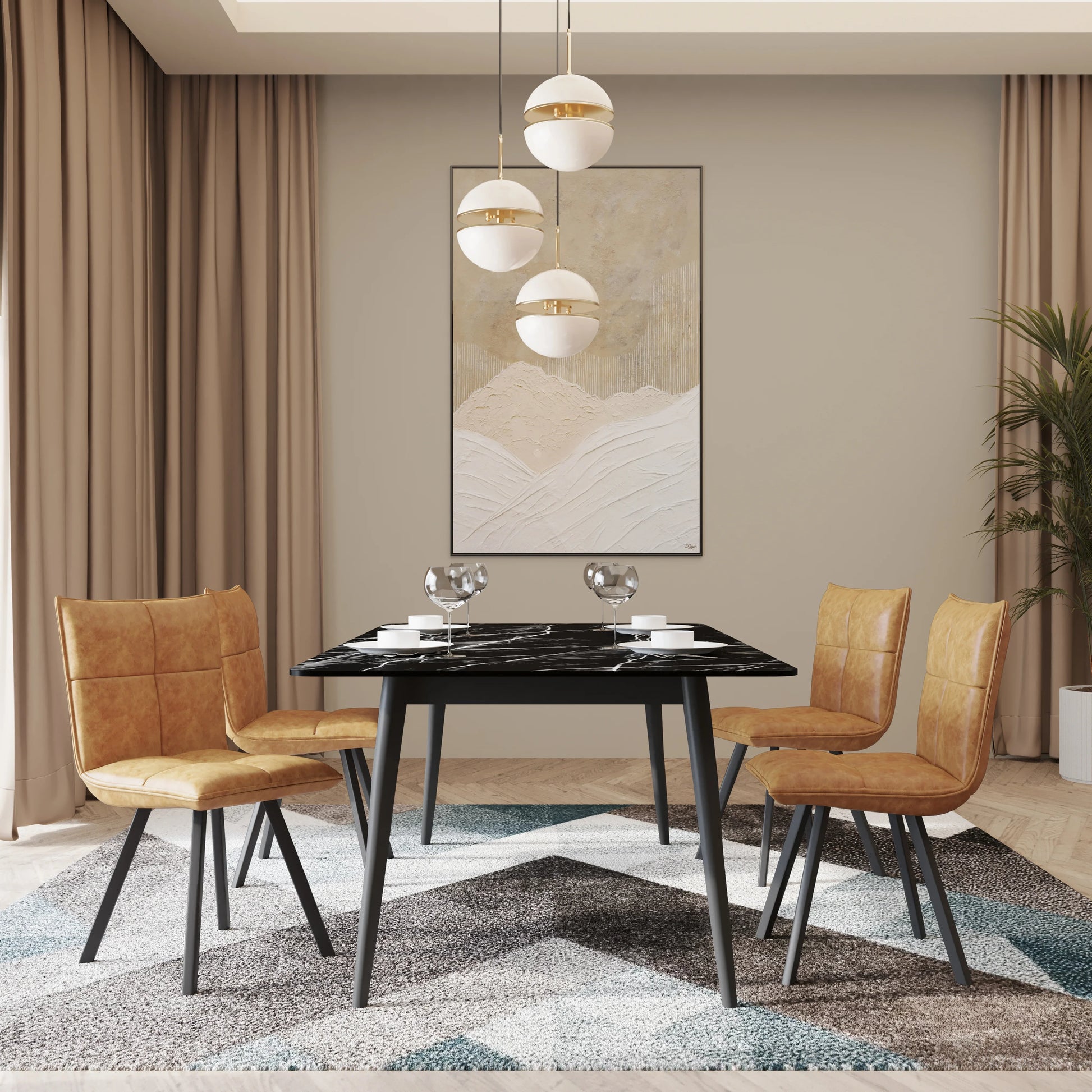 Zayle 5-Piece Dining Set with 55" Rectangular Dining Table in Black/Gold Sintered Stone Top and 4 Leather Dining Chairs - Elax Furniture