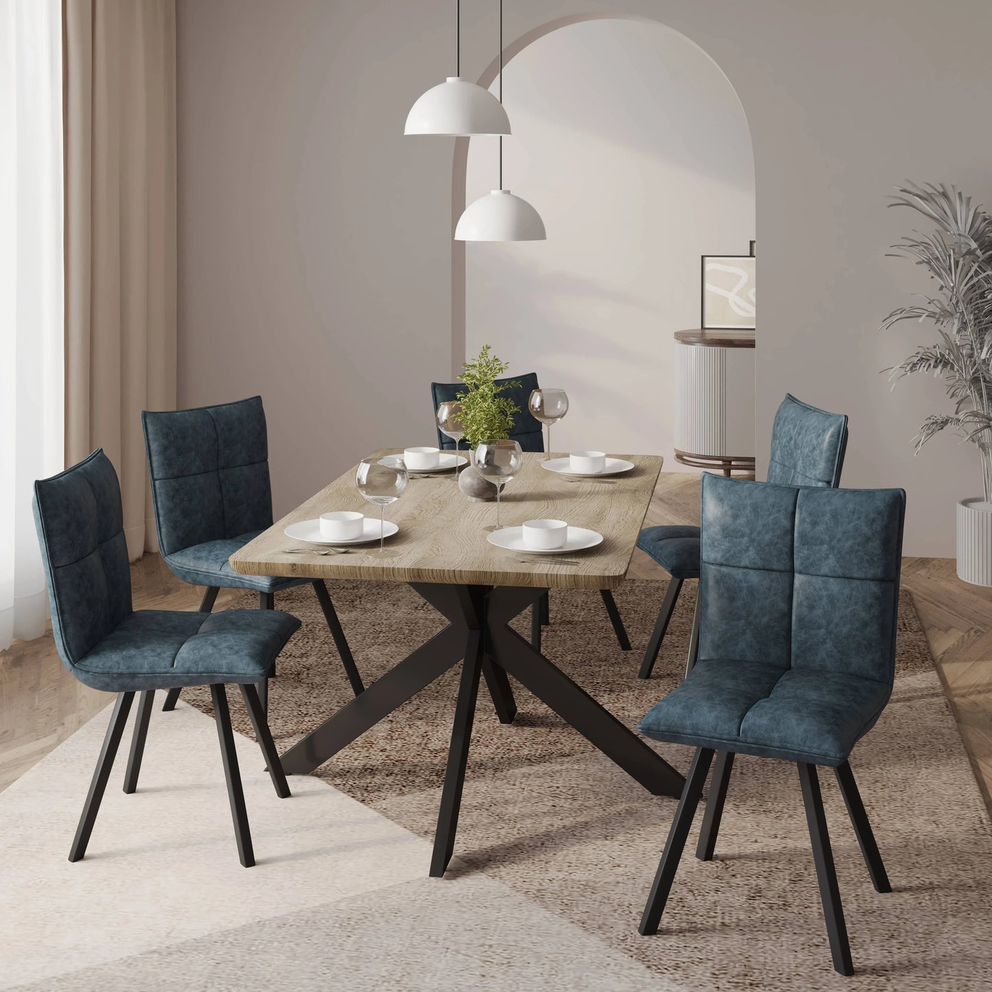 Ravenna 5-Piece Dining Set 63" Rectangular Dining Table with Natural Wood MDF Top and 4 Leather Side Chairs - Elax Furniture