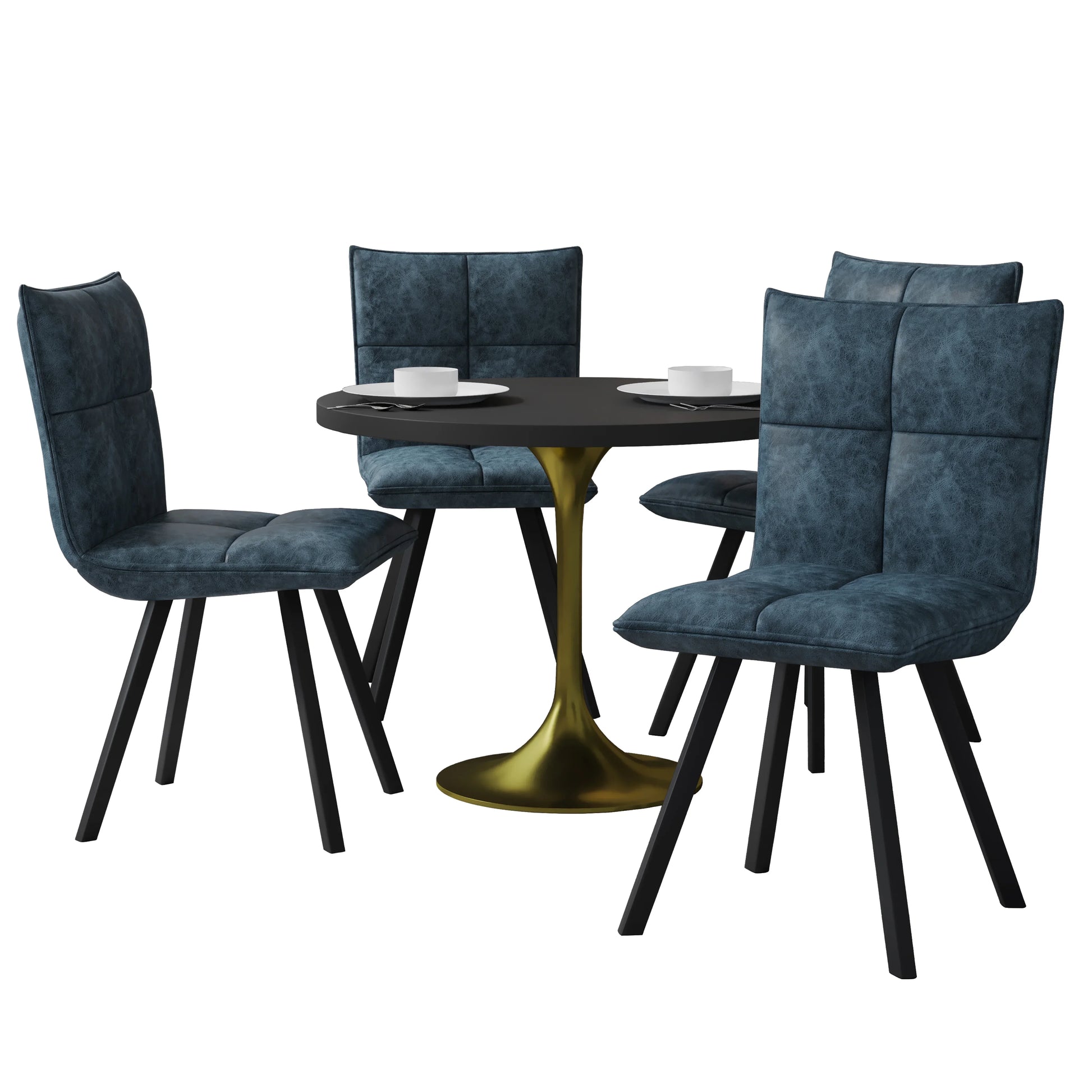Verve 5-Piece Dining Set with 36" Round Dining Table in Black MDF Top and 4 Leather Dining Chairs - Elax Furniture