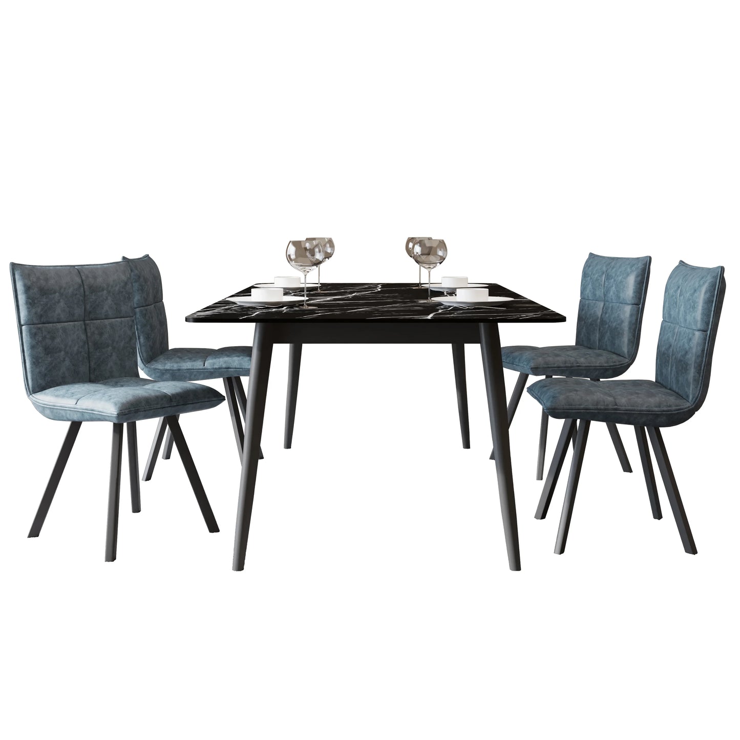 Zayle 5-Piece Dining Set with 55" Rectangular Dining Table in Black/Gold Sintered Stone Top and 4 Leather Dining Chairs - Elax Furniture