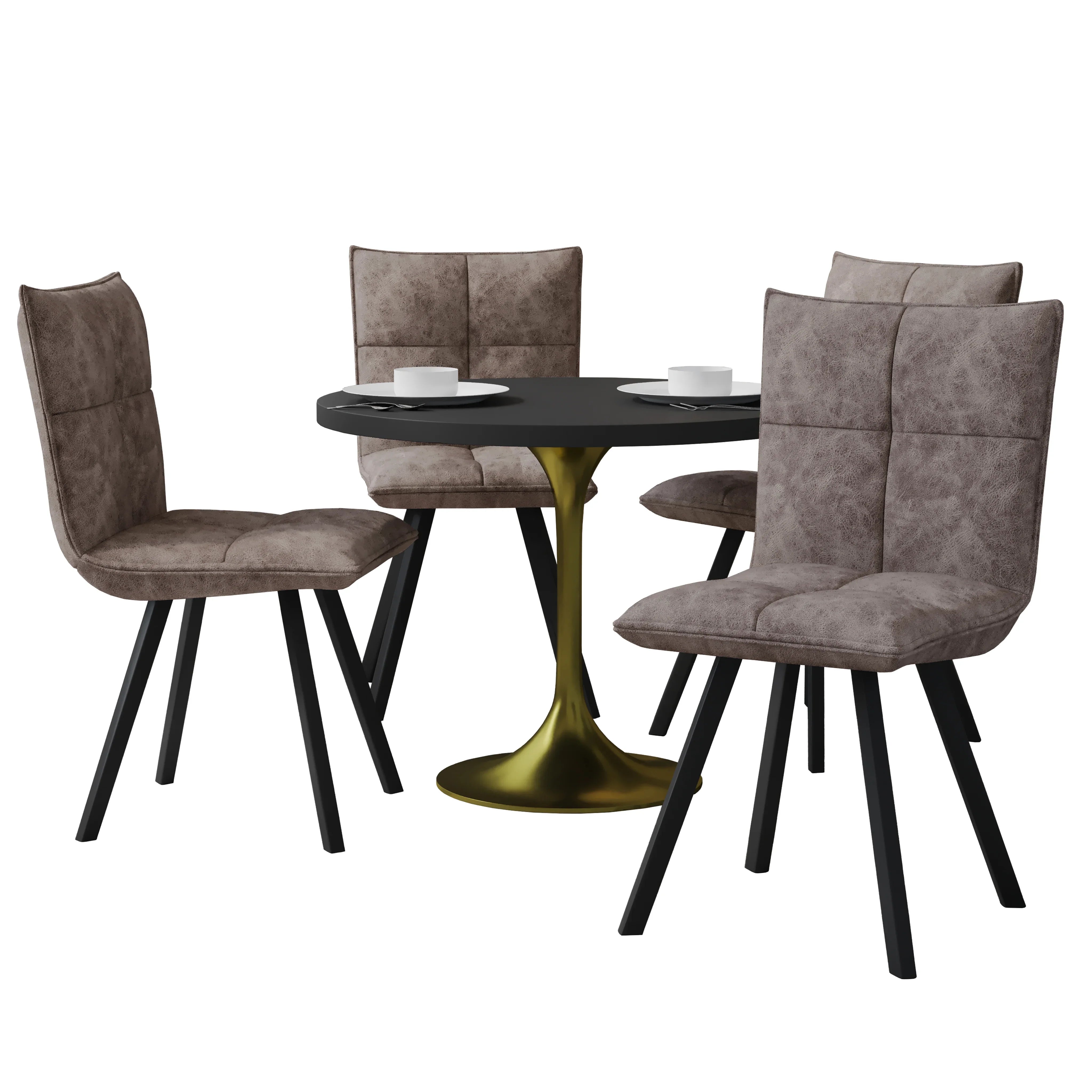 Verve 5-Piece Dining Set with 36" Round Dining Table in Black MDF Top and 4 Leather Dining Chairs - Elax Furniture