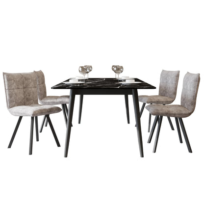 Zayle 5-Piece Dining Set with 55" Rectangular Dining Table in Black/Gold Sintered Stone Top and 4 Leather Dining Chairs - Elax Furniture