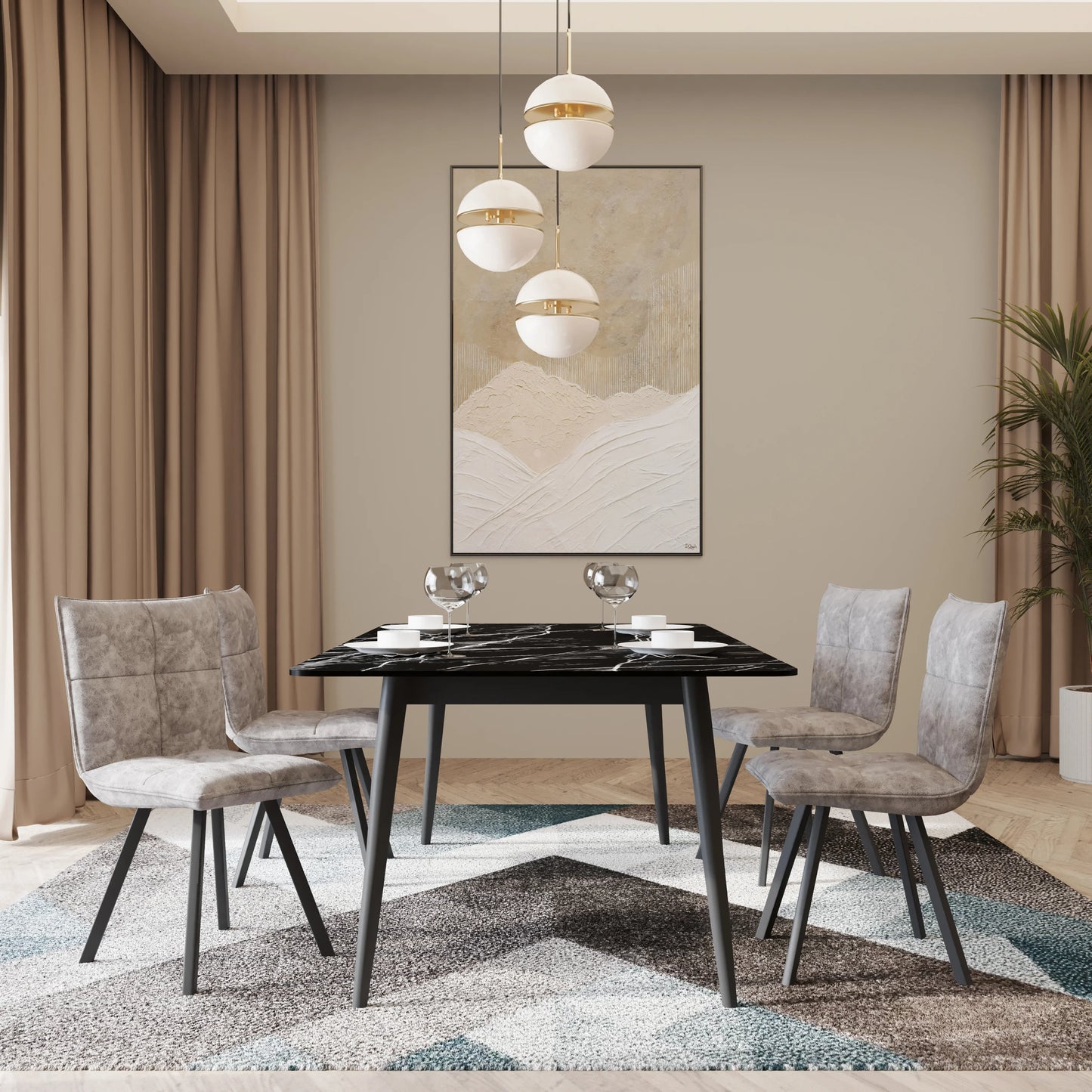 Zayle 5-Piece Dining Set with 55" Rectangular Dining Table in Black/Gold Sintered Stone Top and 4 Leather Dining Chairs - Elax Furniture