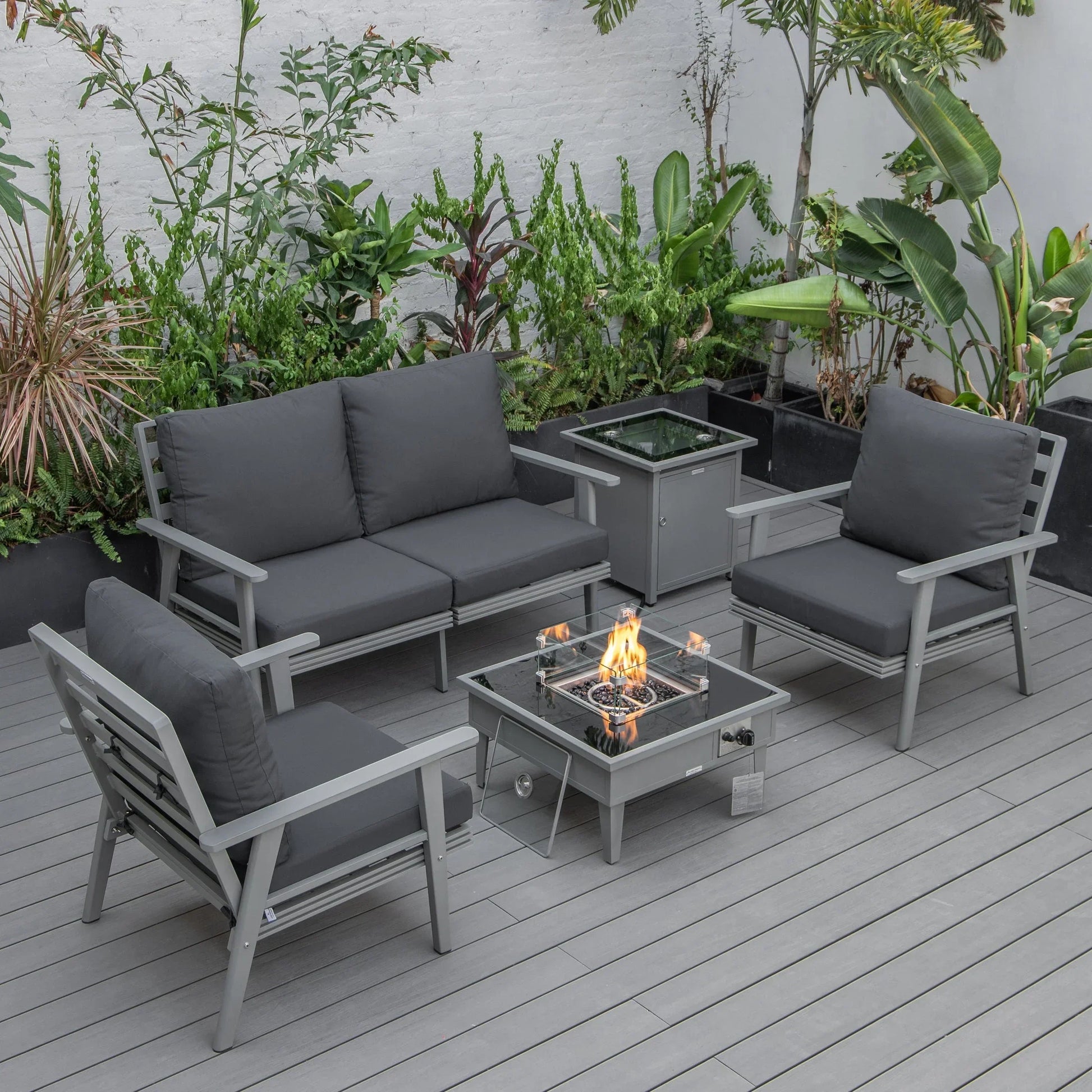 Walbrooke Aluminum Patio Conversation With Fire Pit Table & Tank Holder - Elax Furniture