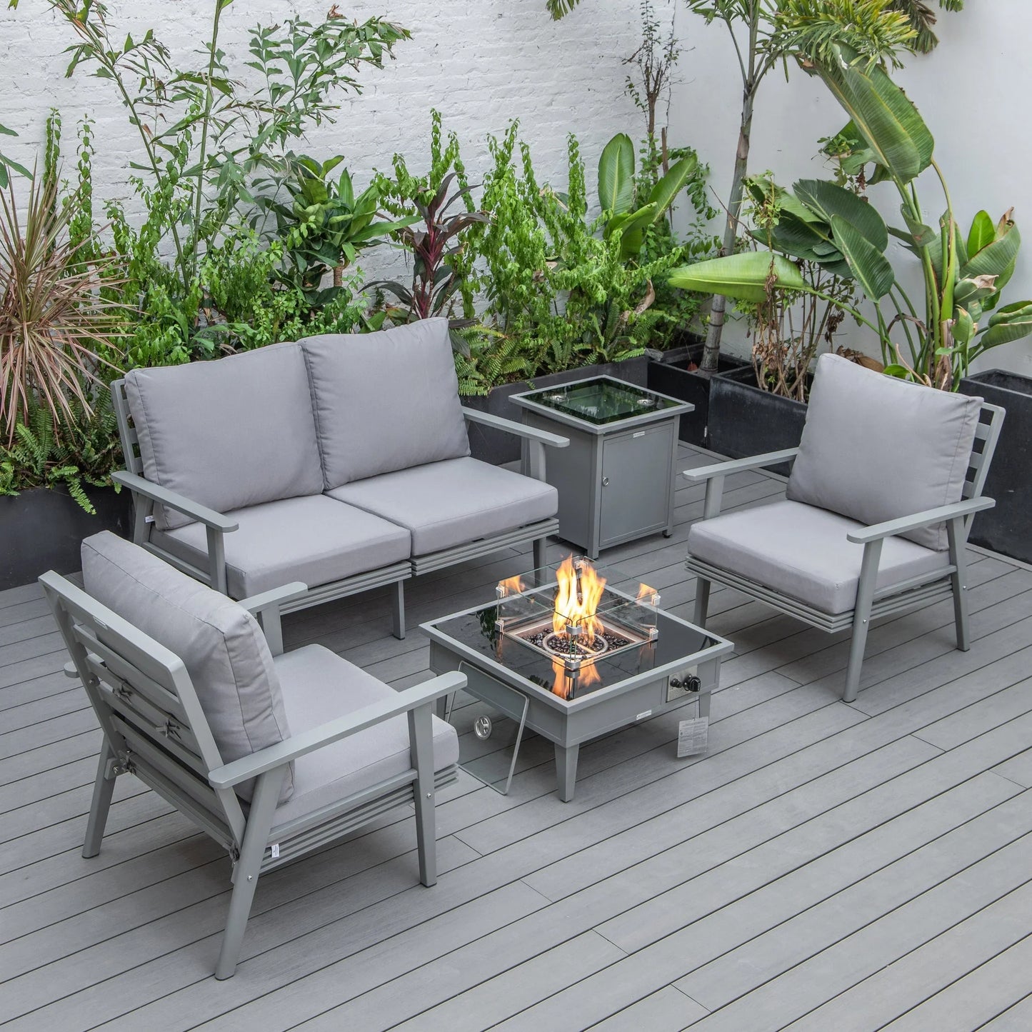 Walbrooke Aluminum Patio Conversation With Fire Pit Table & Tank Holder - Elax Furniture