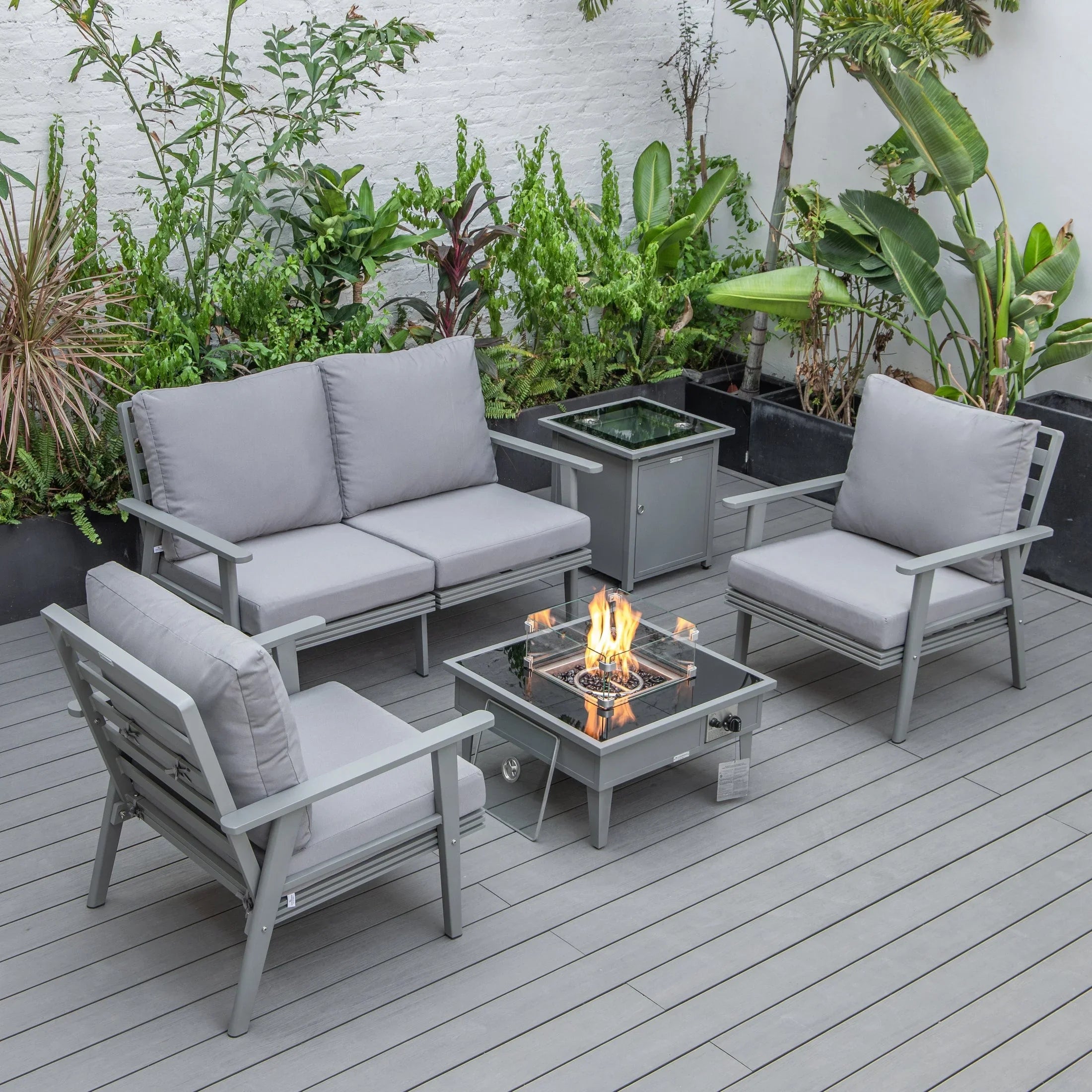 Walbrooke Aluminum Patio Conversation With Fire Pit Table & Tank Holder - Elax Furniture