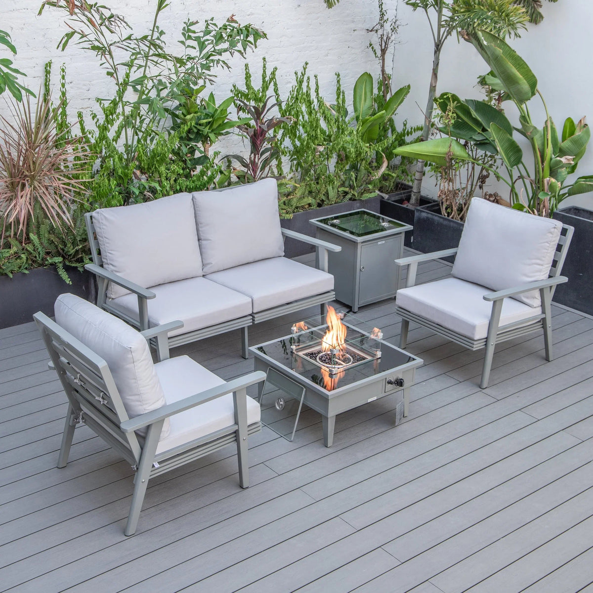 Walbrooke Aluminum Patio Conversation With Fire Pit Table & Tank Holder - Elax Furniture