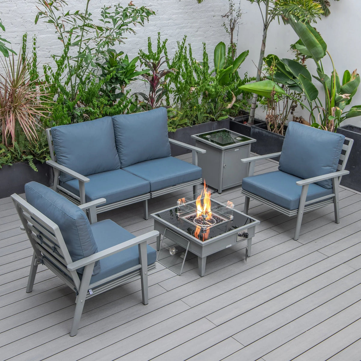 Walbrooke Aluminum Patio Conversation With Fire Pit Table & Tank Holder - Elax Furniture