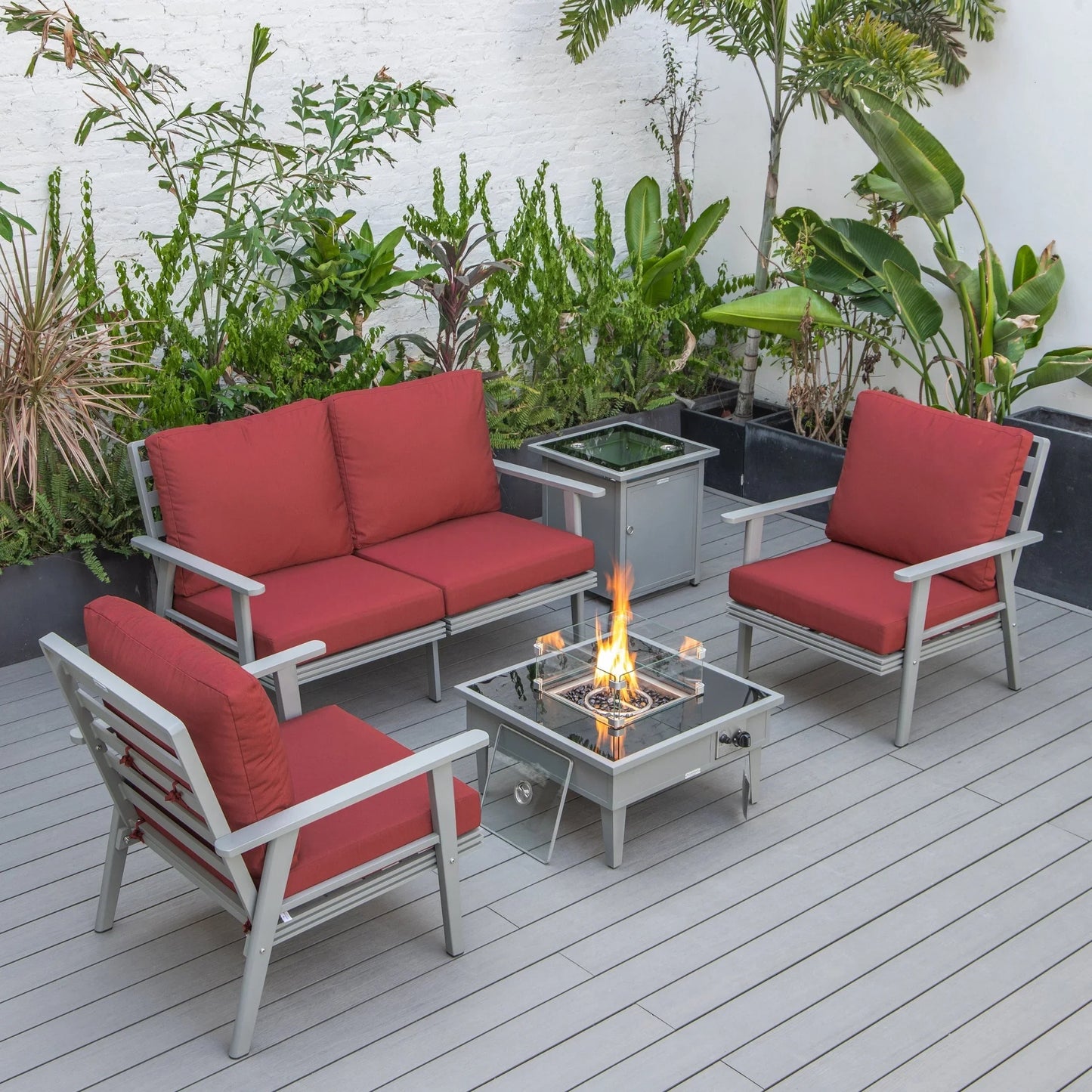 Walbrooke Aluminum Patio Conversation With Fire Pit Table & Tank Holder - Elax Furniture