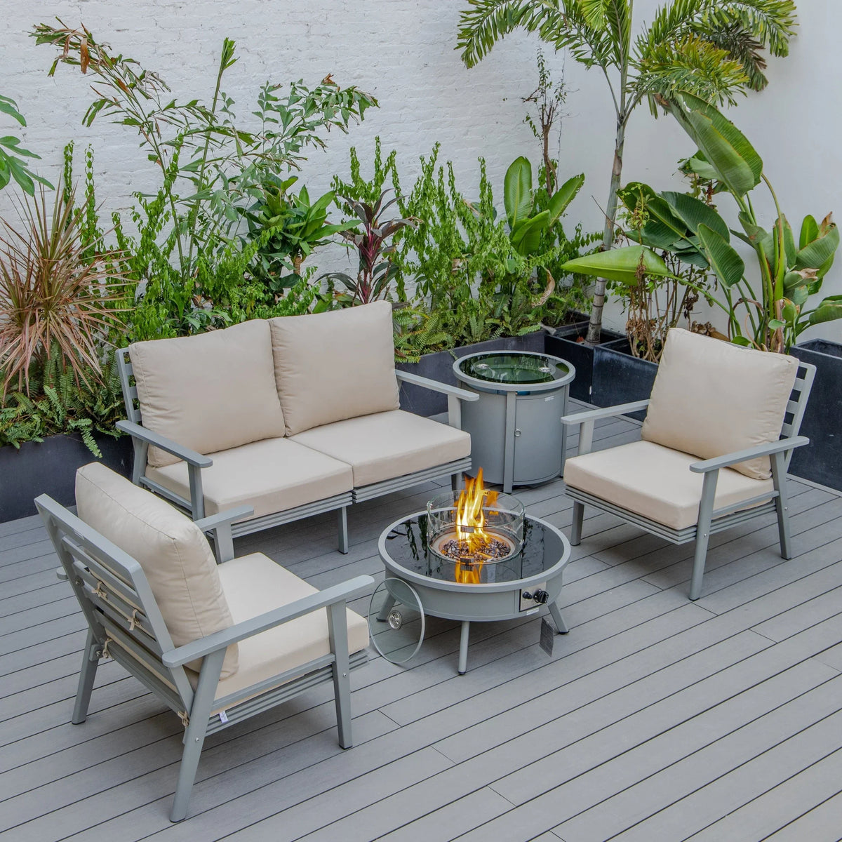 Walbrooke Aluminum Patio Conversation With Fire Pit Table & Tank Holder - Elax Furniture