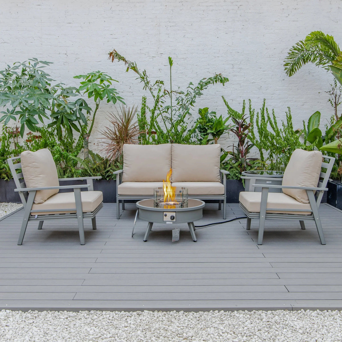 Walbrooke Aluminum Patio Conversation With Fire Pit Table & Tank Holder - Elax Furniture
