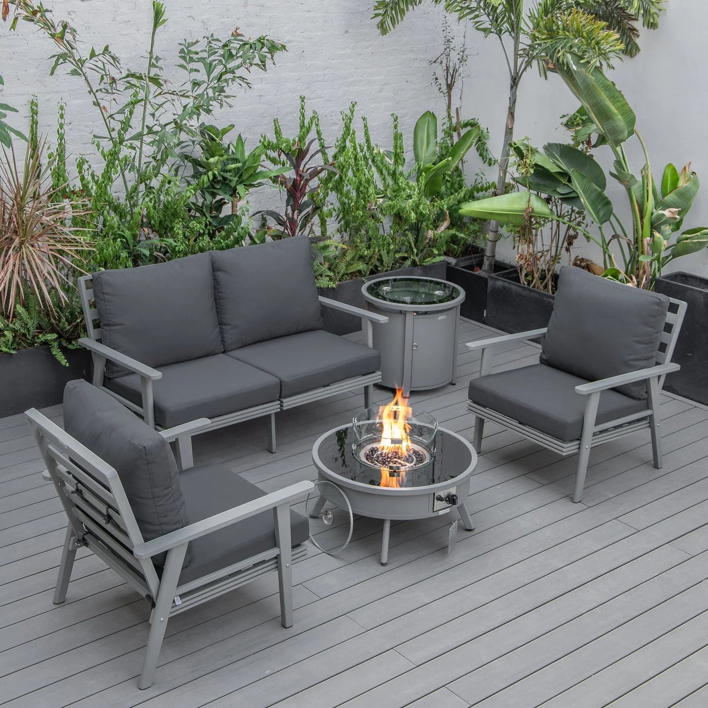Walbrooke Aluminum Patio Conversation With Fire Pit Table & Tank Holder - Elax Furniture