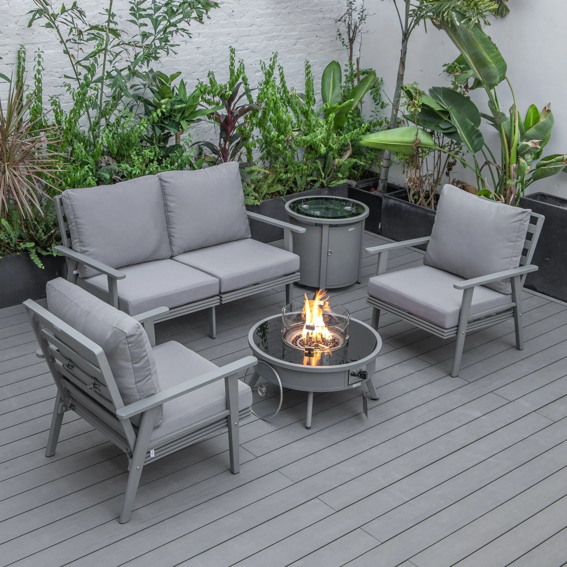 Walbrooke Aluminum Patio Conversation With Fire Pit Table & Tank Holder - Elax Furniture