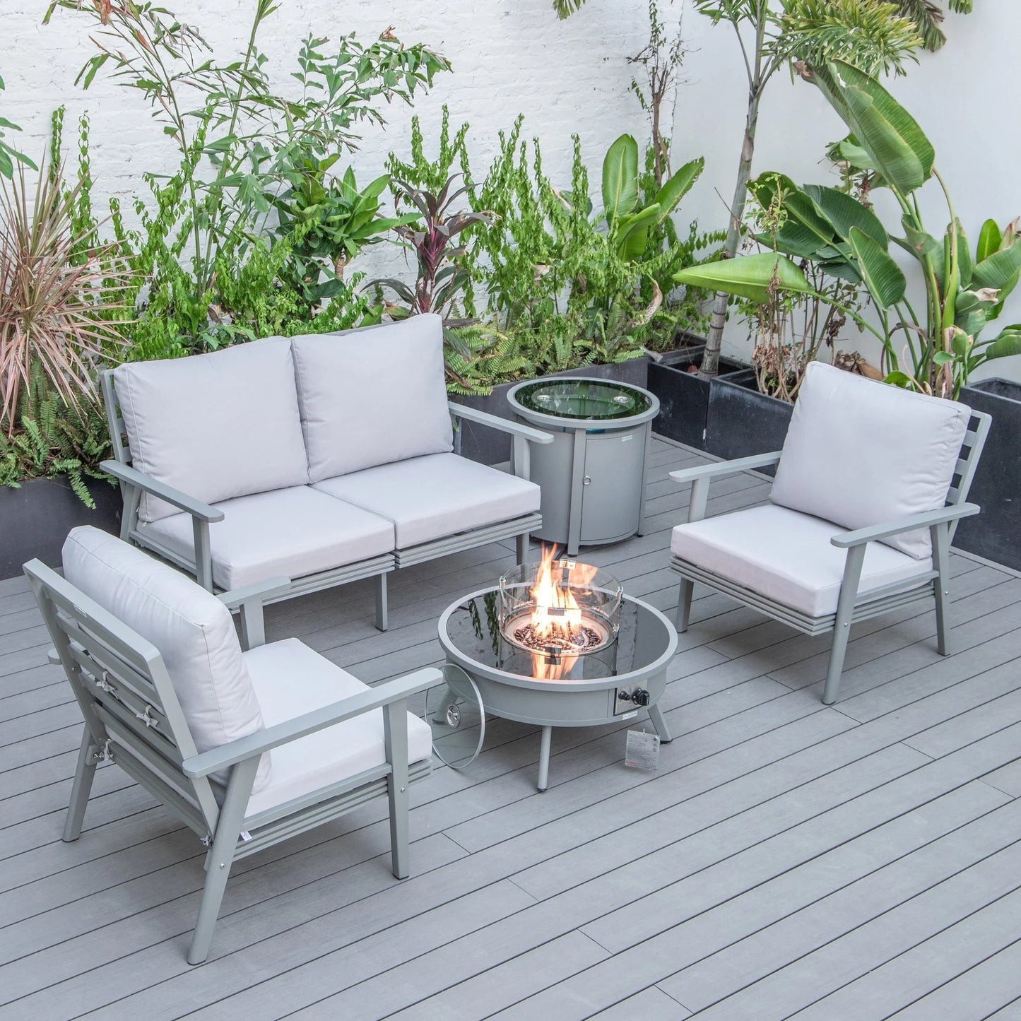 Walbrooke Aluminum Patio Conversation With Fire Pit Table & Tank Holder - Elax Furniture