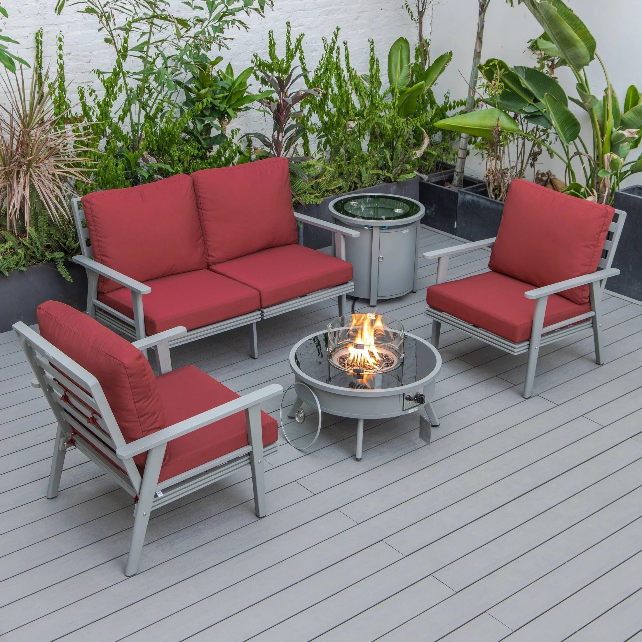 Walbrooke Aluminum Patio Conversation With Fire Pit Table & Tank Holder - Elax Furniture