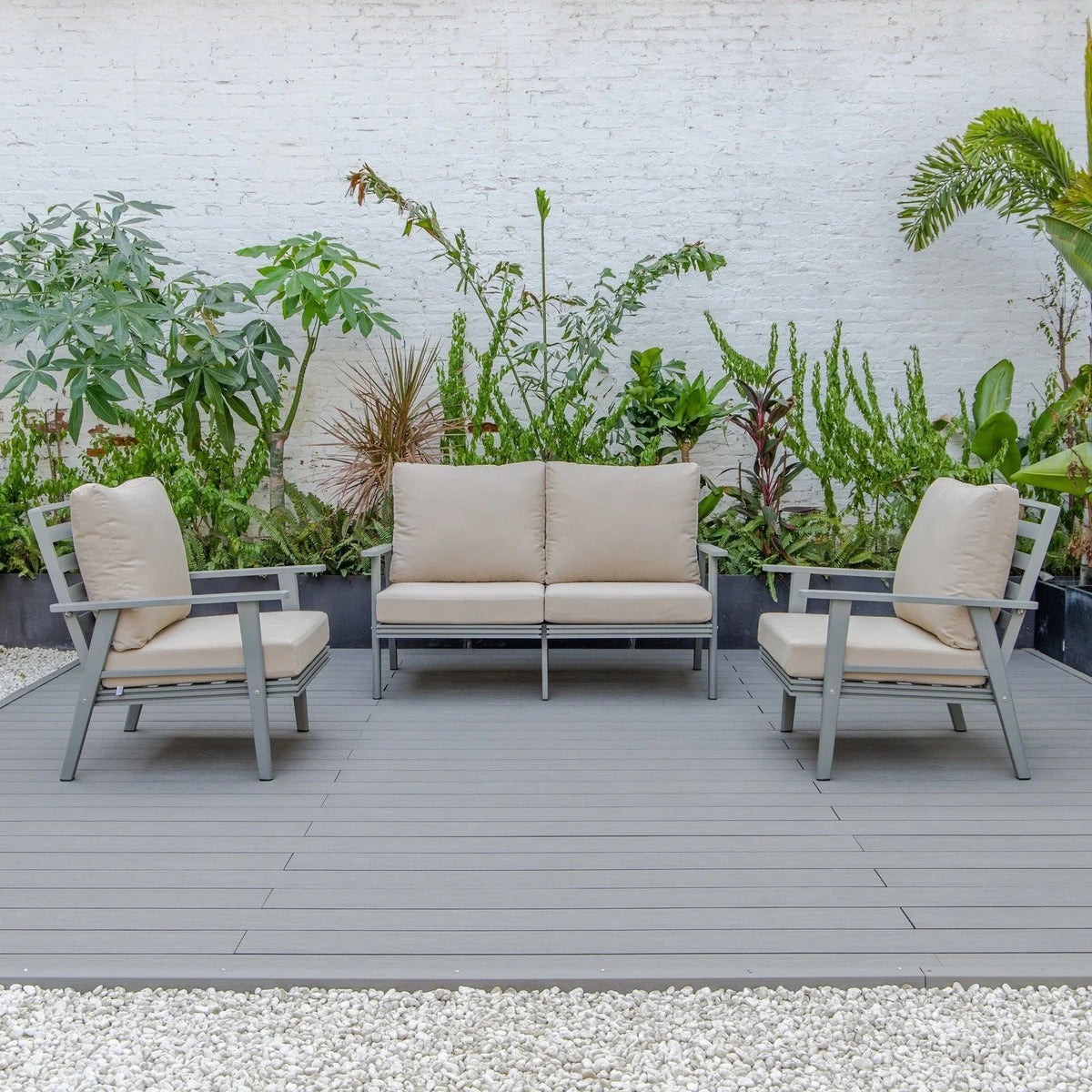 Walbrooke Modern 3-Piece Outdoor Patio Set with Grey Aluminum Frame and Removable Cushions Loveseat and Set of 2 Armchairs - Elax Furniture